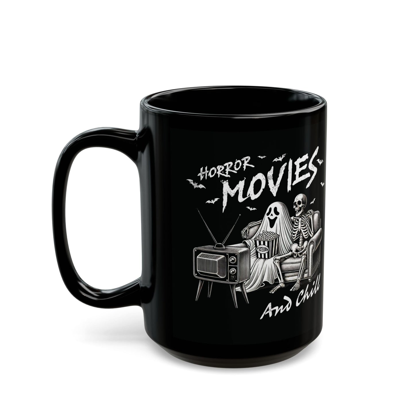 Horror Movies and Chill Halloween Mug | 11oz and 15oz Ceramic Coffee Cup | Spooky Skeleton and Ghost Design