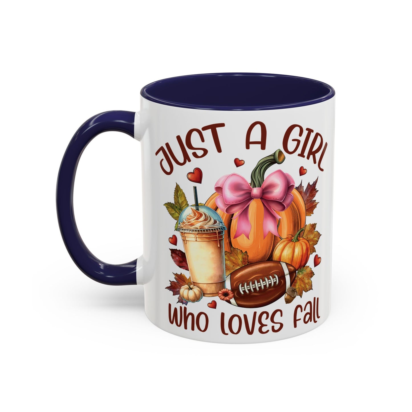 Just a Girl Who Loves Fall Mug | 11oz and 15oz Ceramic Coffee Cup | Autumn, Pumpkin, and Football Design