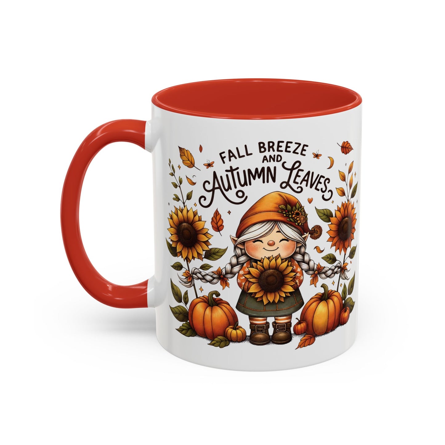 Fall Breeze and Autumn Leaves Mug | 11oz and 15oz Ceramic Coffee Cup | Cute Gnome, Sunflower, & Pumpkin Design