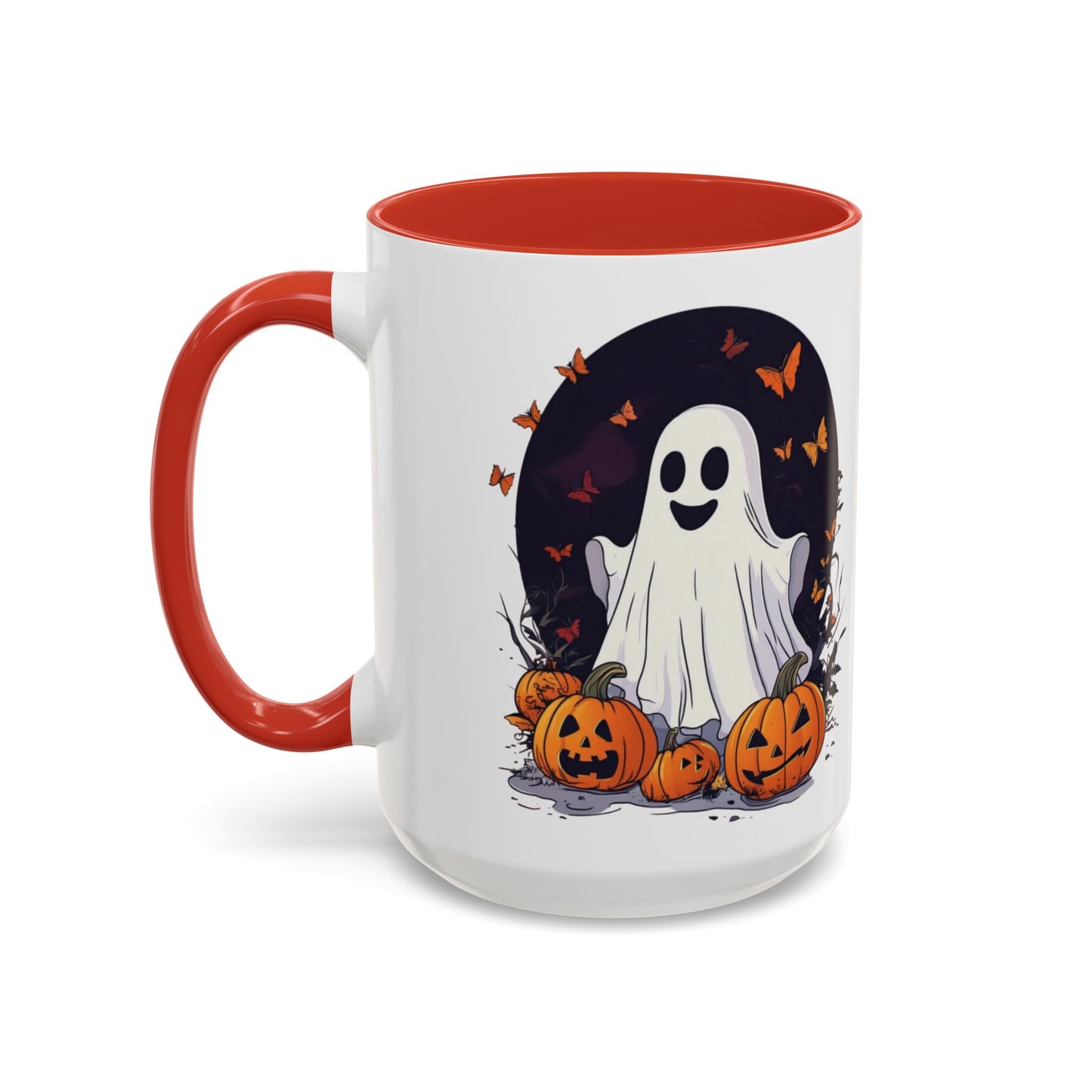 Halloween Ghost Mug - Cute Pumpkin Coffee Cup - White Ceramic Mug with Red Accent - Perfect Spooky Gift - 11oz & 15oz - BPA Free