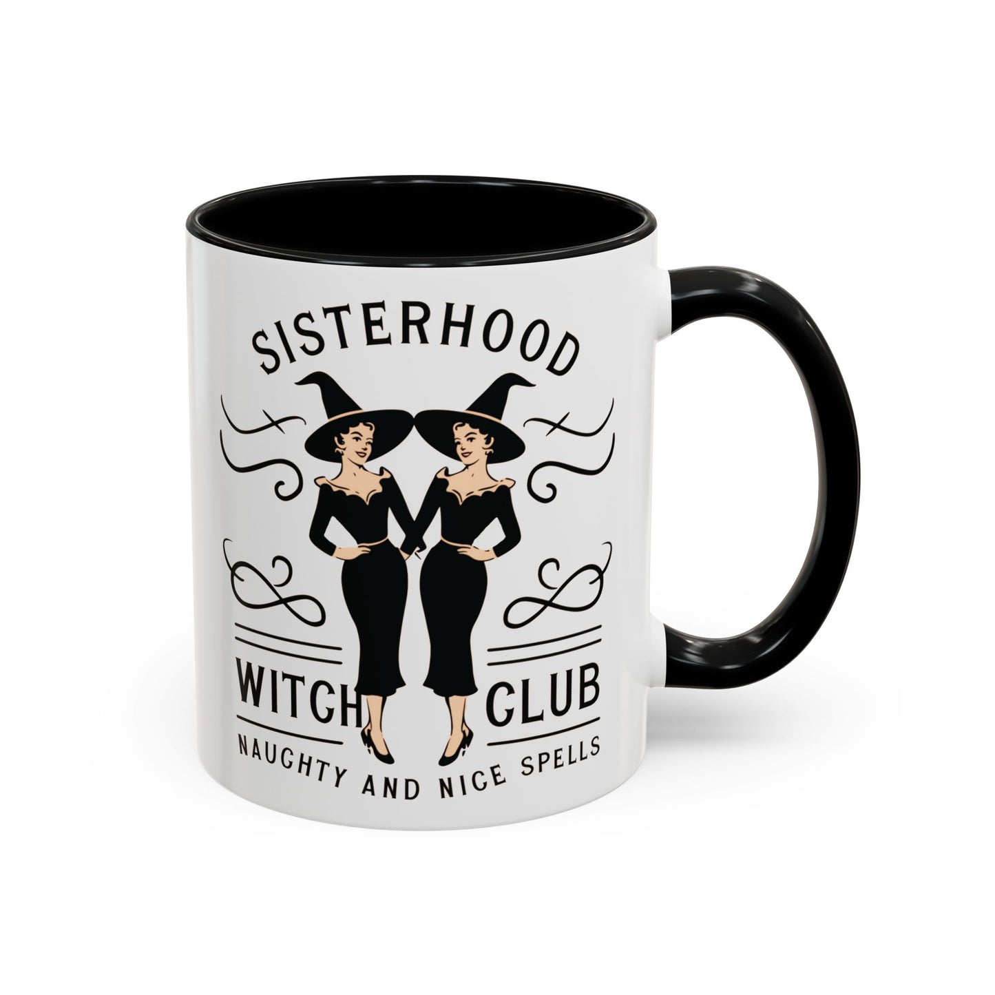 Sisterhood Witch Club Mug | Vintage Witch Design | Halloween Coffee Mug | Naughty and Nice Spells | Witchy Drinkware