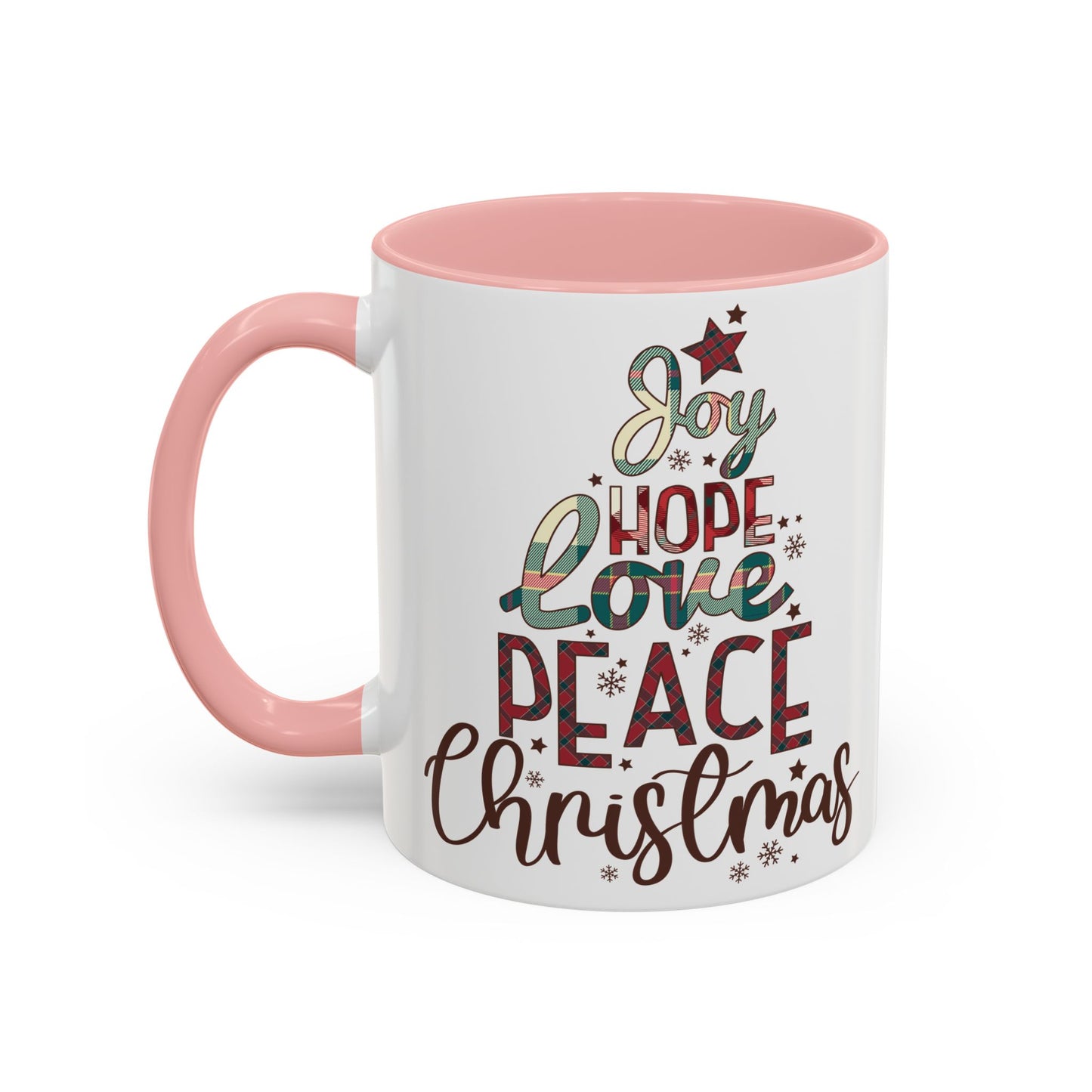 Joy Hope Love Peace Christmas Mug | Festive Holiday Plaid Design | Christmas Tree Word Art Coffee Mug