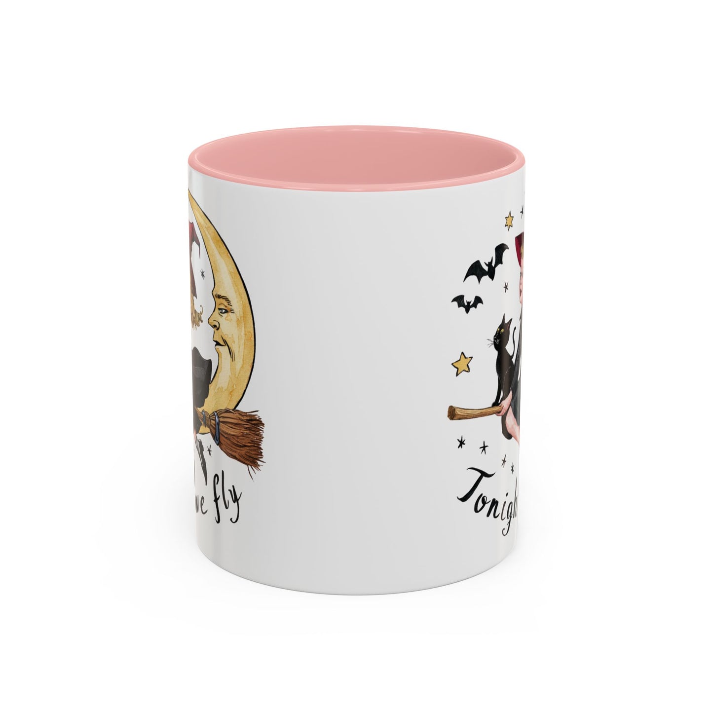 Tonight We Fly Halloween Witch Mug | Vintage Witch and Cat on Broomstick Design | Perfect Halloween Coffee Mug