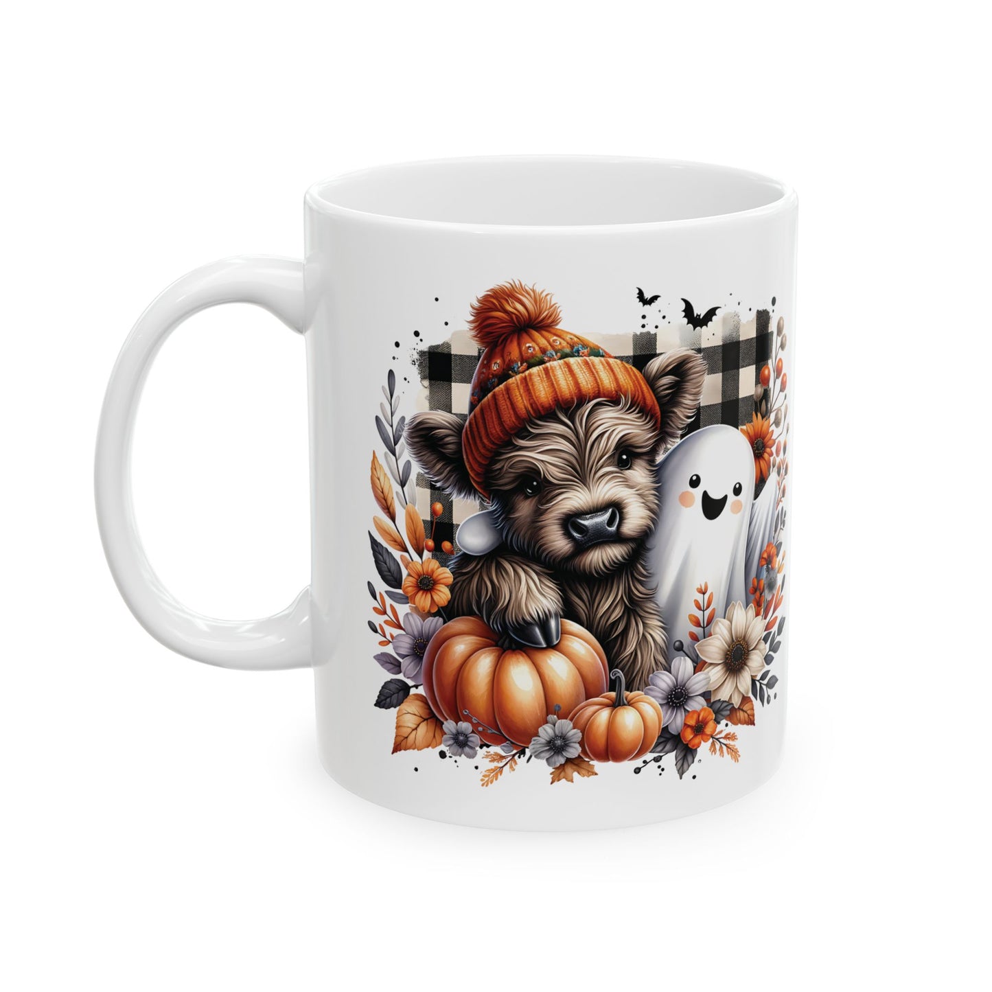 Cozy Fall Highland Cow and Ghost Ceramic Mug - Adorable Autumn Cow and Pumpkin Design - Perfect for Fall and Halloween Lovers