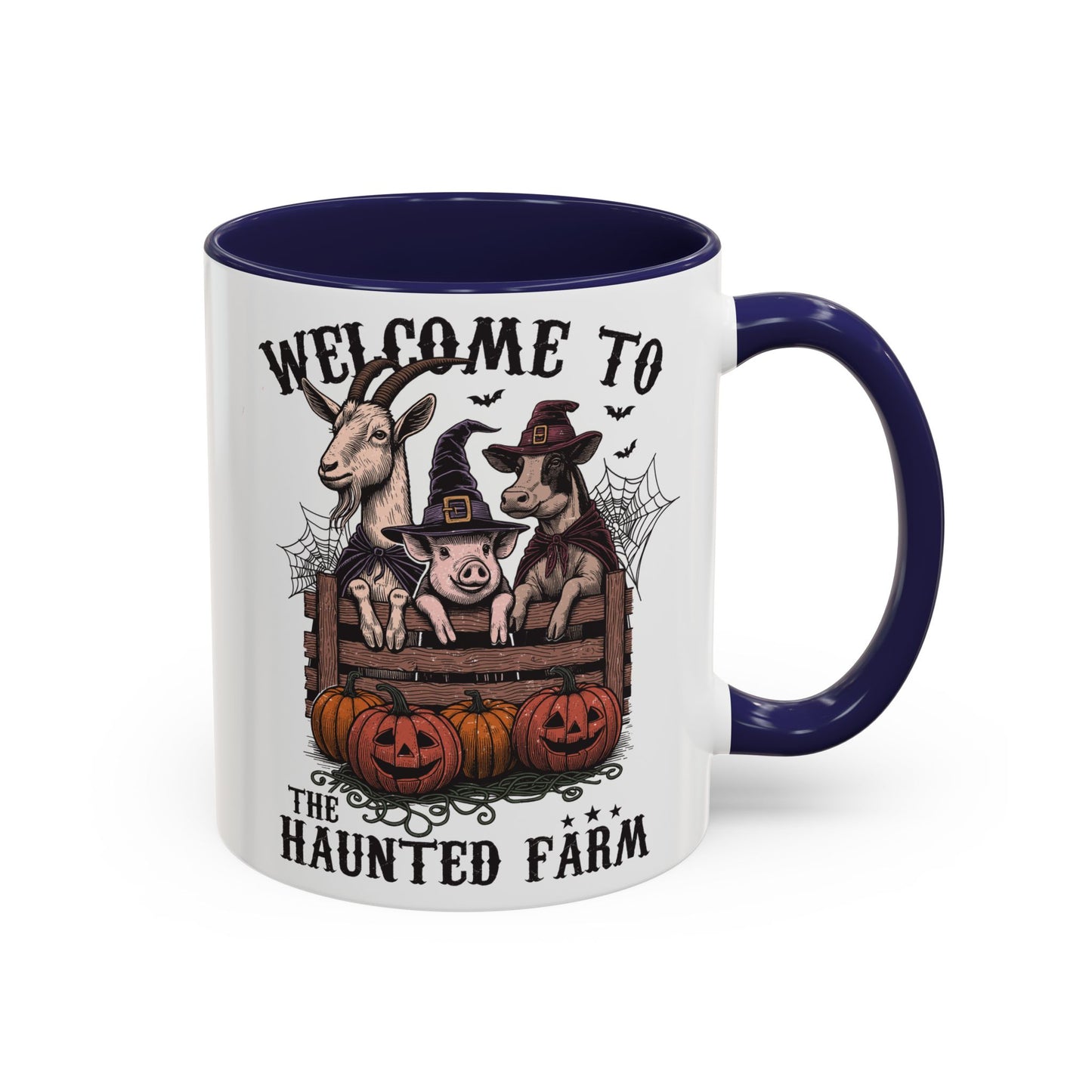 Welcome to the Haunted Farm Mug | Spooky Farm Animal Halloween Cup | Goat, Pig, and Cow in Witch Hats