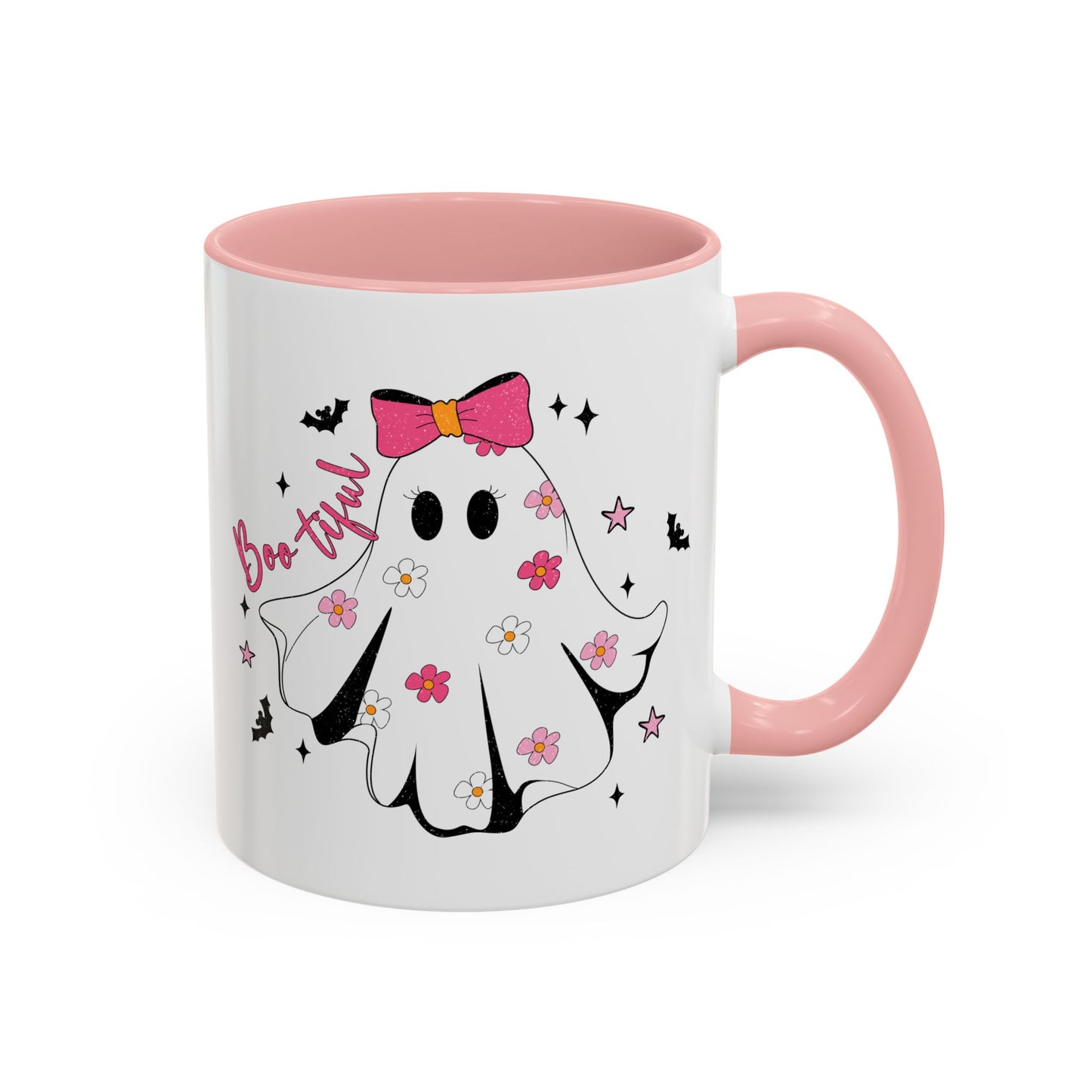 Boo-tiful Halloween Ghost Mug | 11oz and 15oz Coffee Cup | Cute Floral Design | Pink, Red, Black, Light Blue, or Navy Handle and Interior