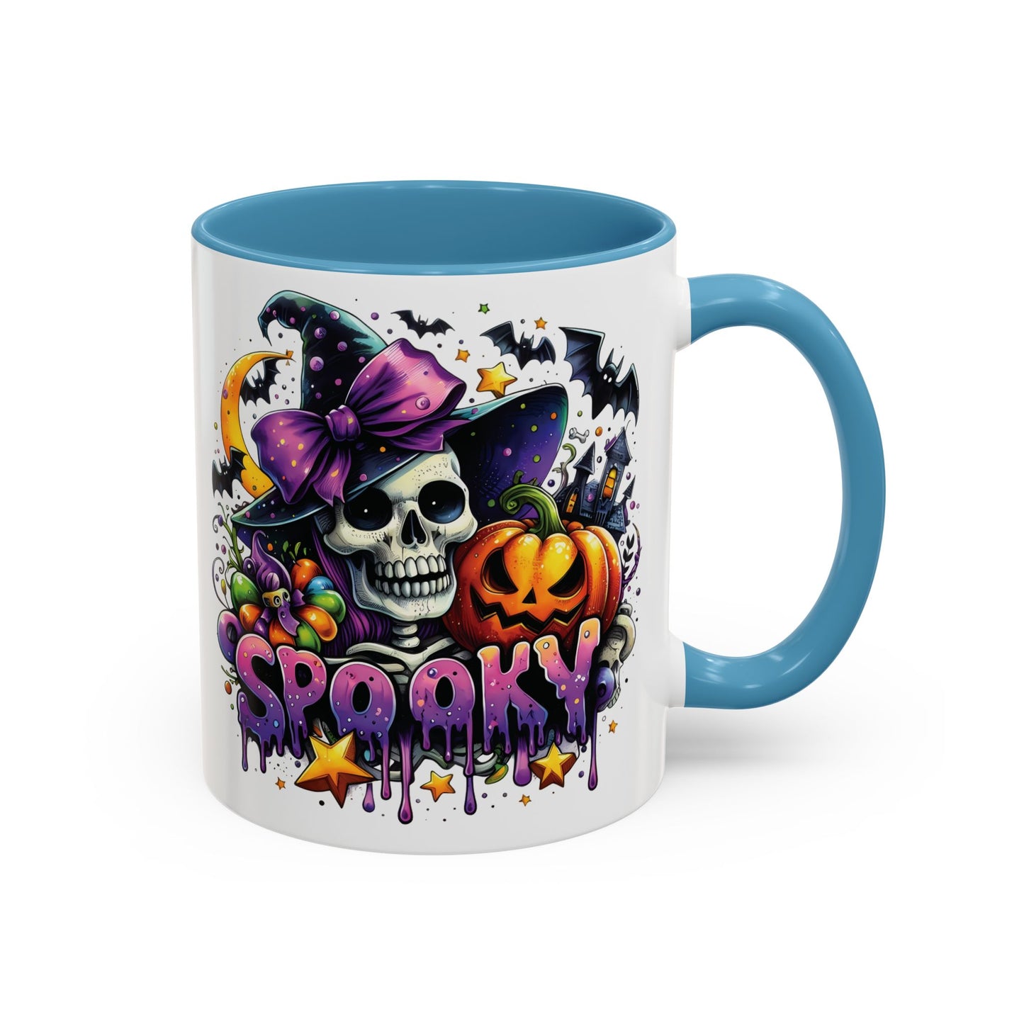 Spooky Halloween Skull Mug | Colorful Witch Hat and Pumpkin Design | 11oz and 15oz Ceramic Coffee Cup