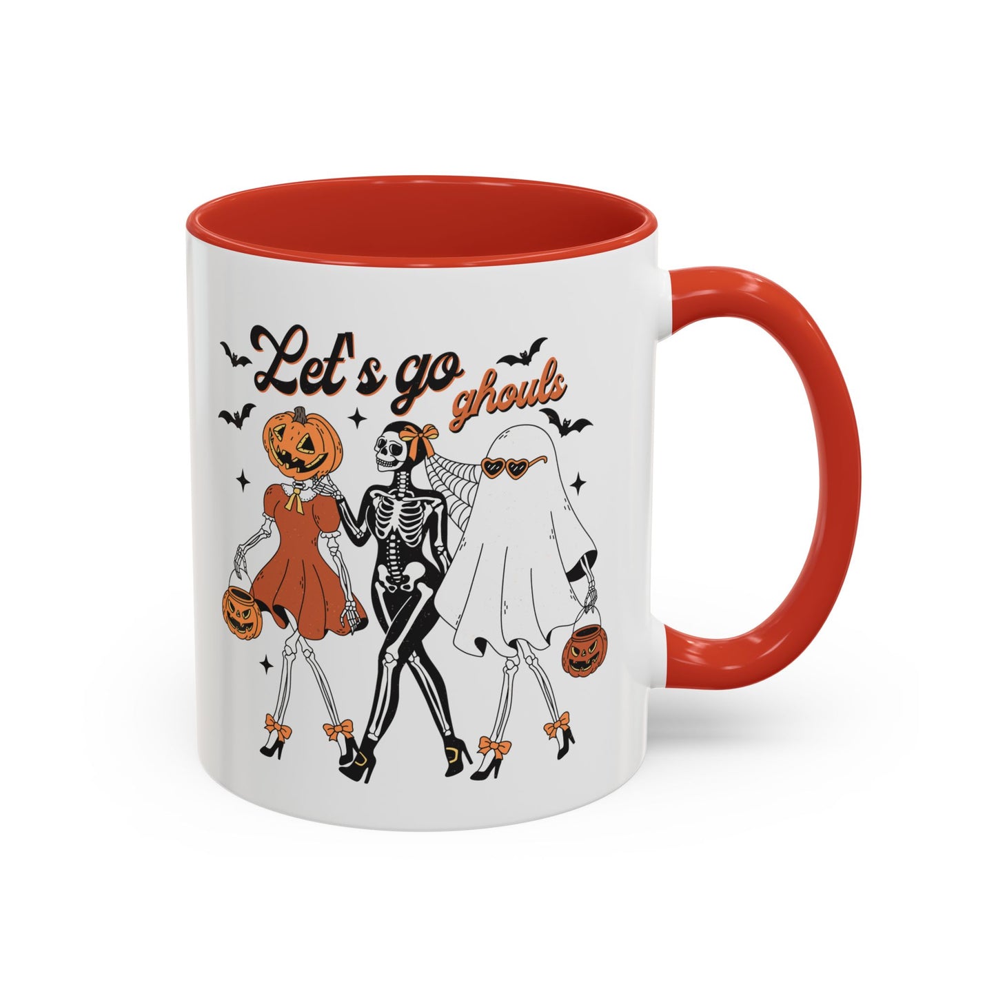 Lets Go Ghouls Halloween Mug | Skeleton, Ghost, and Pumpkin Friends Design | Spooky Coffee Mug | Fall Drinkware