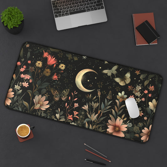 Moonlit Garden Computer Desk Mat | Floral and Butterfly Mouse Pad | Anti-Slip Neoprene Desk Mat for Home Office | 3 Sizes Available