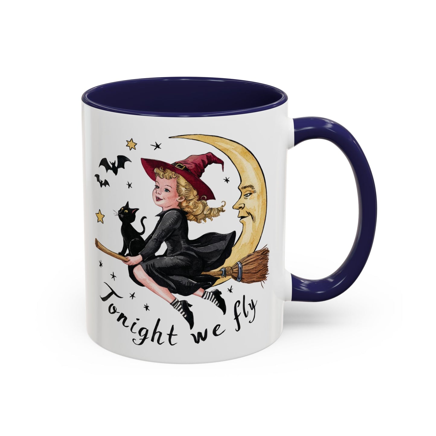 Tonight We Fly Halloween Witch Mug | Vintage Witch and Cat on Broomstick Design | Perfect Halloween Coffee Mug