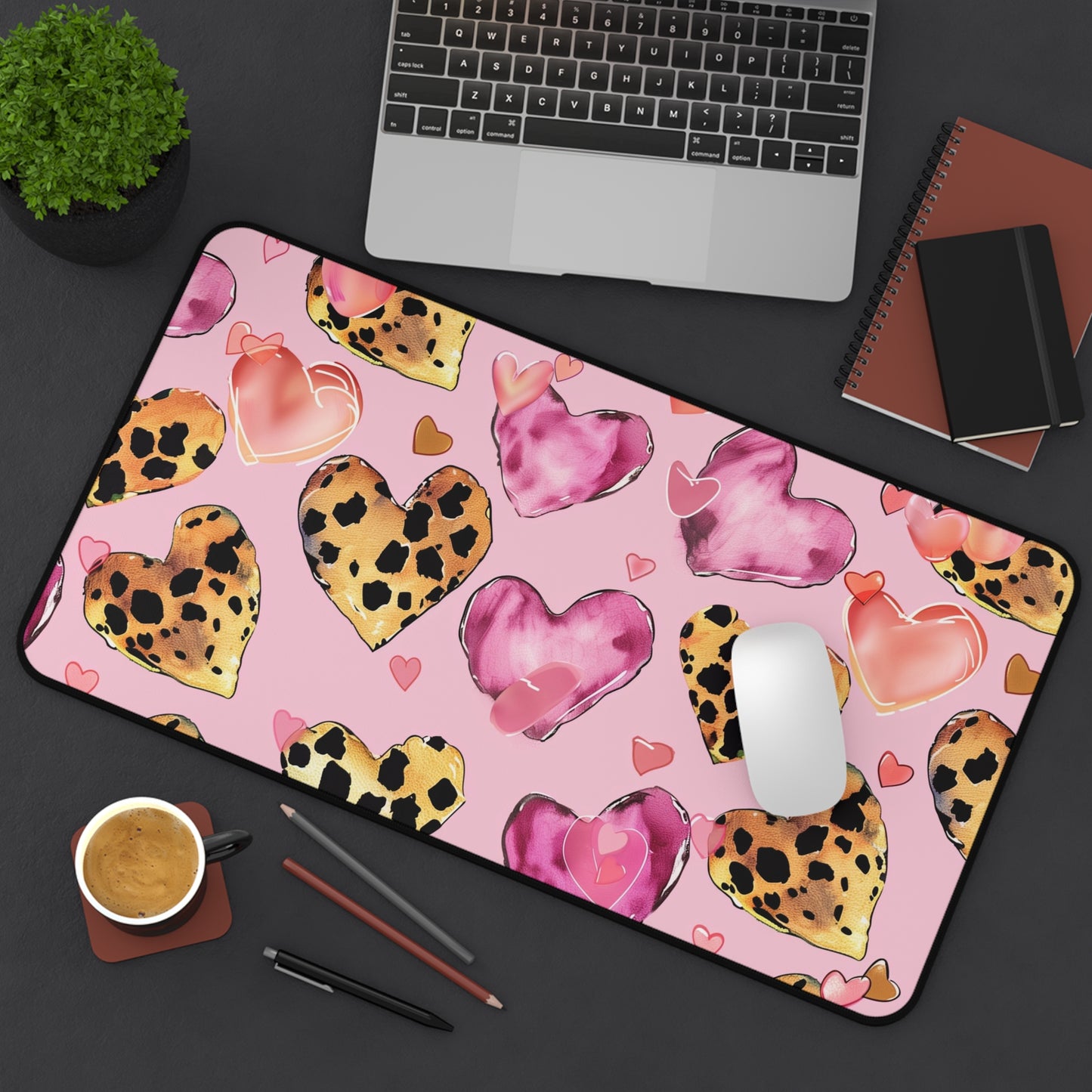 Heart Pattern Computer Desk Mat | Pink Leopard Hearts Mouse Pad | Anti-Slip Neoprene Desk Mat for Home Office | 3 Sizes Available