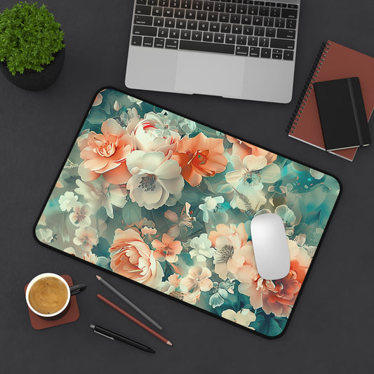 Floral Bloom Computer Desk Mat | Vintage Flowers Mouse Pad | Anti-Slip Neoprene Desk Mat for Home Office | 3 Sizes Available