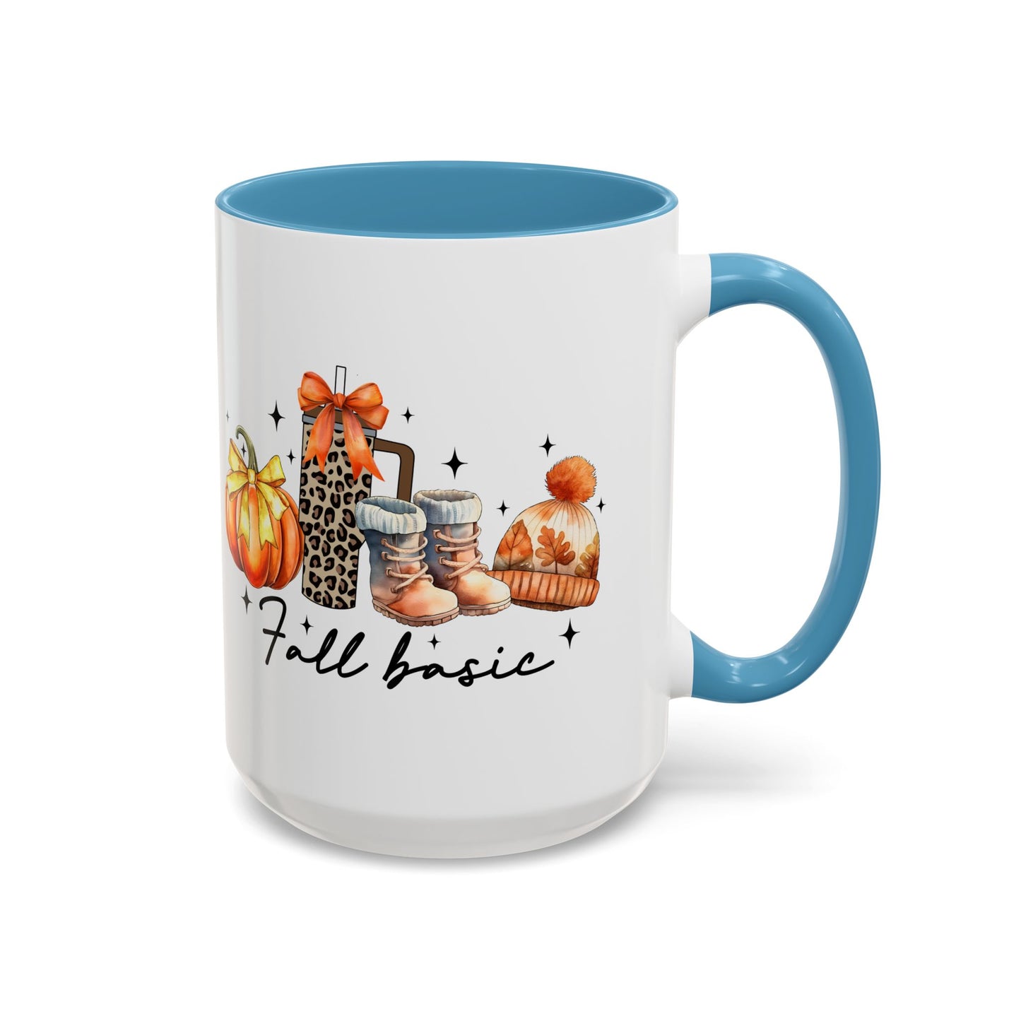 Fall Basic Autumn Mug | 11oz/15oz Ceramic Coffee Cup | Cozy Fall Essentials Design | Pink, Red, Black, Light Blue, or Navy Handle & Interior