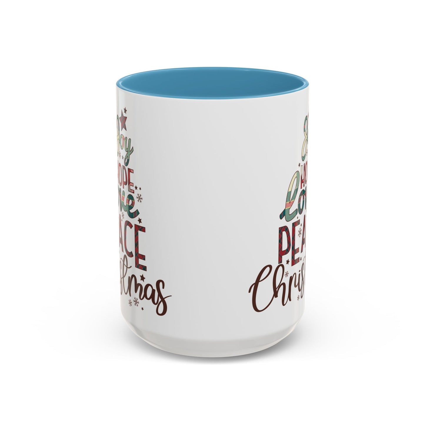 Joy Hope Love Peace Christmas Mug | Festive Holiday Plaid Design | Christmas Tree Word Art Coffee Mug