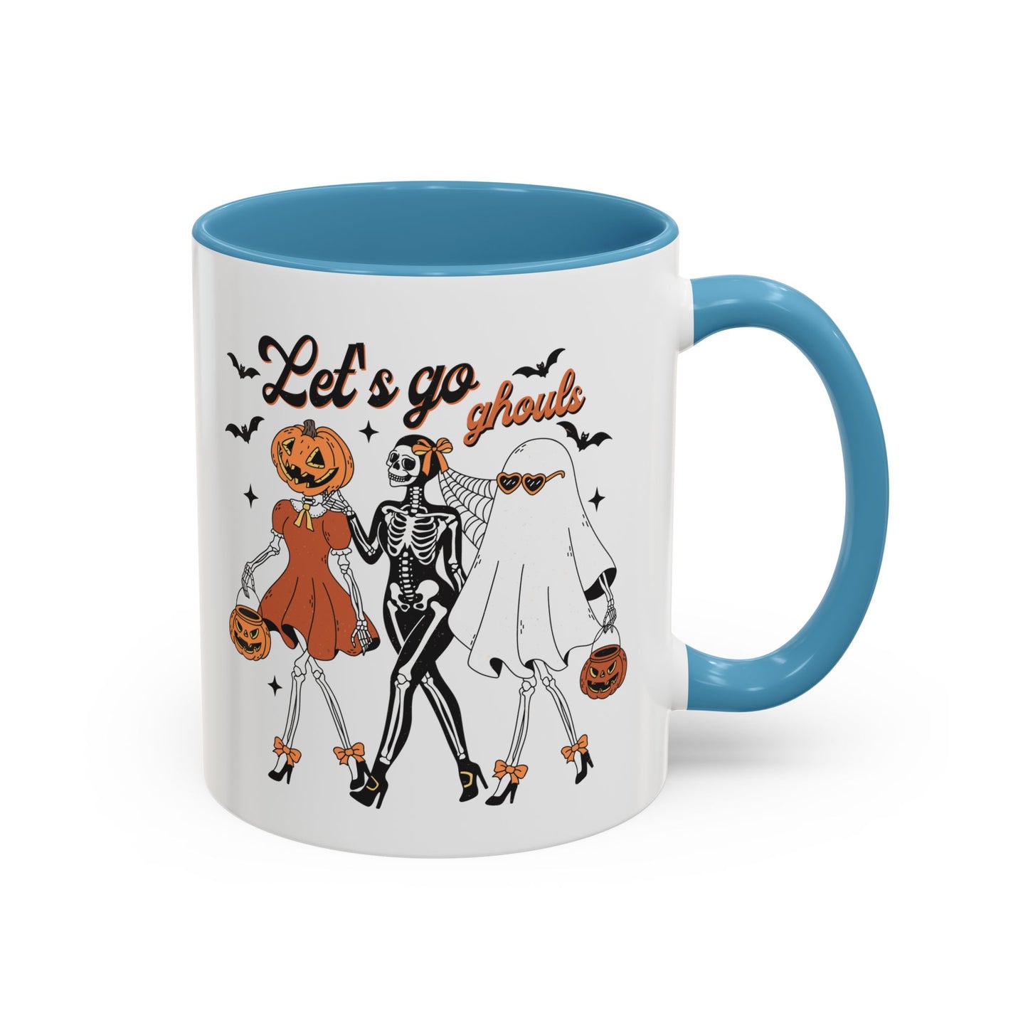 Lets Go Ghouls Halloween Mug | Skeleton, Ghost, and Pumpkin Friends Design | Spooky Coffee Mug | Fall Drinkware