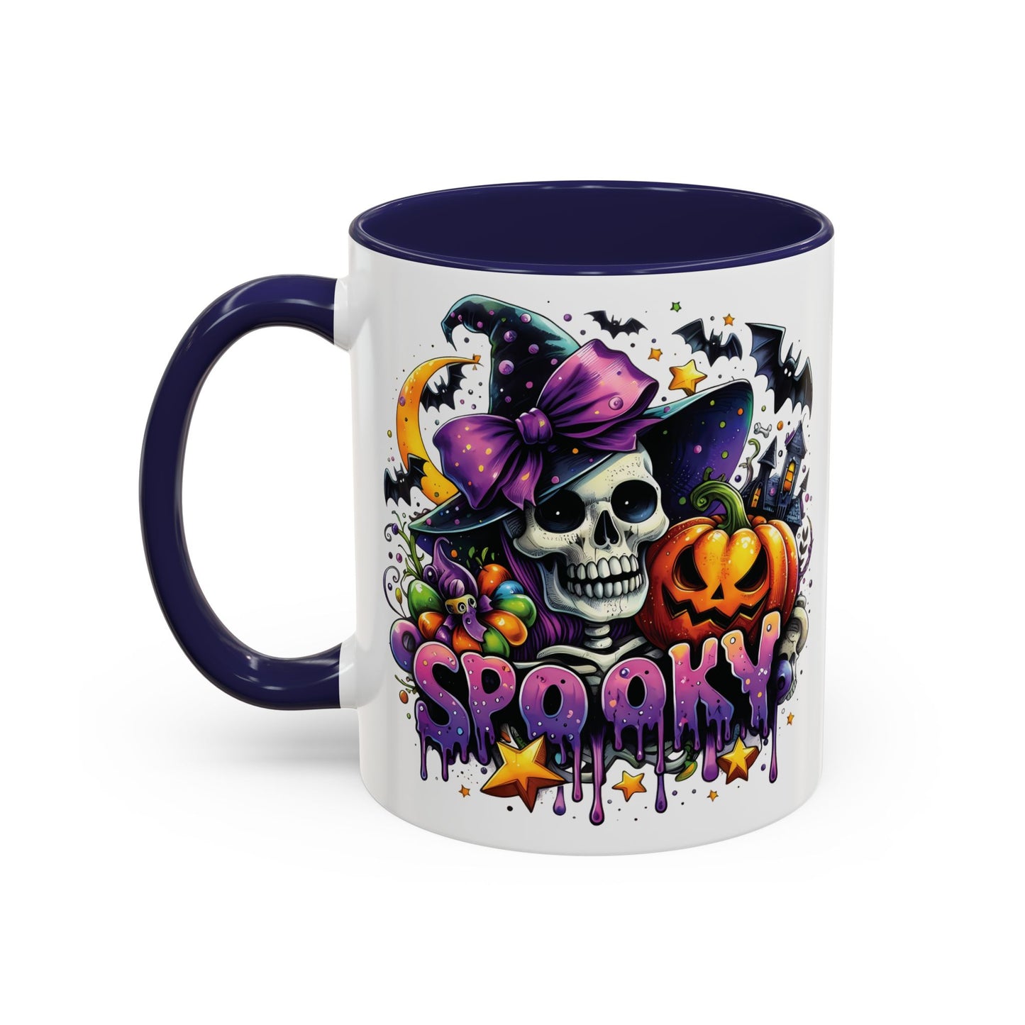 Spooky Halloween Skull Mug | Colorful Witch Hat and Pumpkin Design | 11oz and 15oz Ceramic Coffee Cup