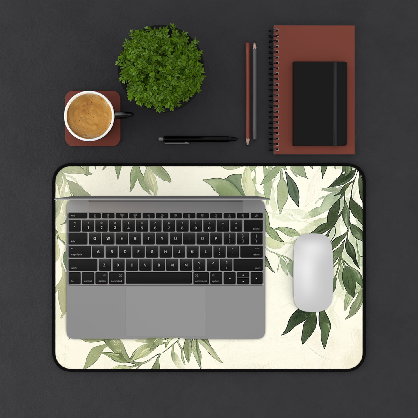 Green Leaves Computer Desk Mat | Botanical Mouse Pad | Anti-Slip Neoprene Desk Mat for Home Office | 3 Sizes Available