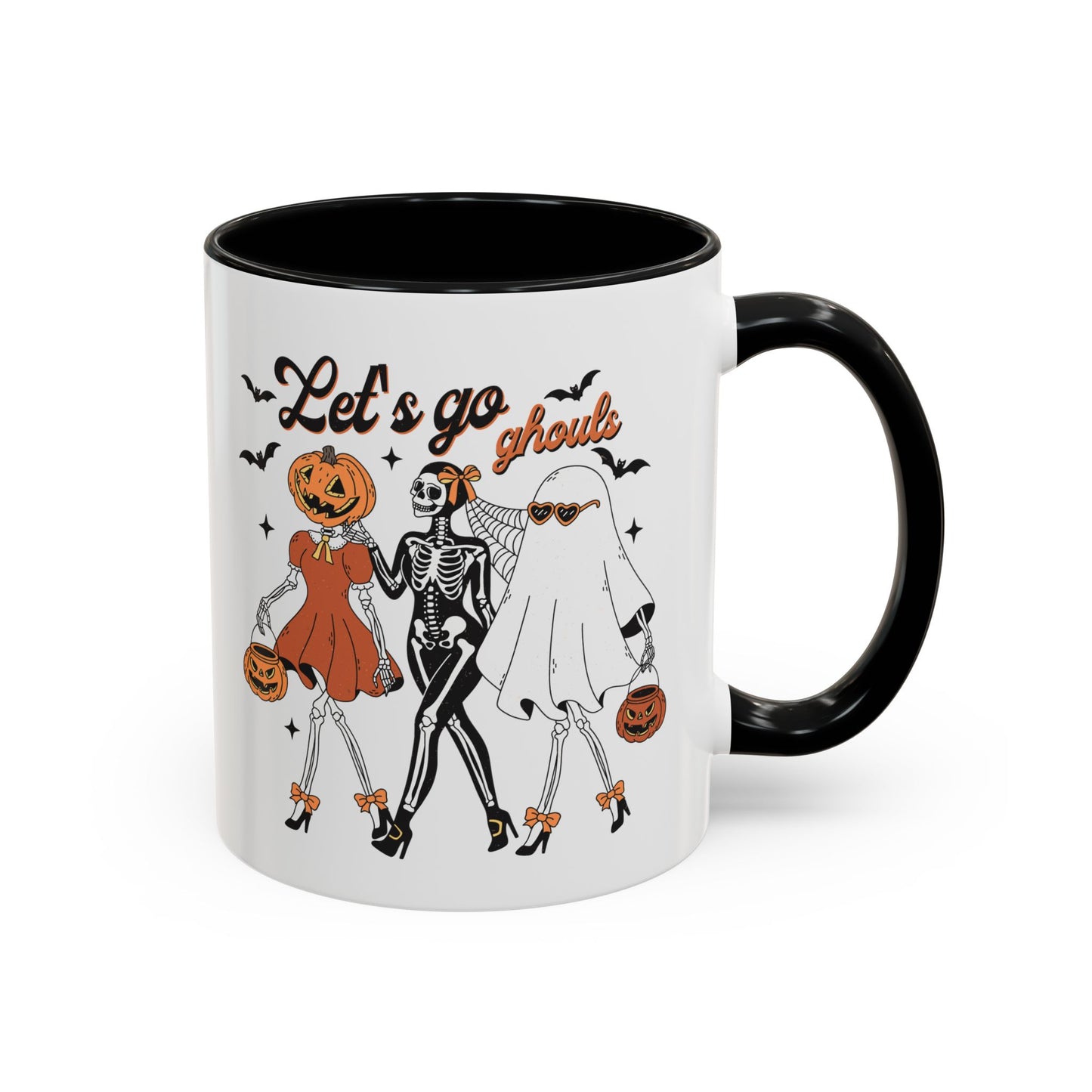 Lets Go Ghouls Halloween Mug | Skeleton, Ghost, and Pumpkin Friends Design | Spooky Coffee Mug | Fall Drinkware