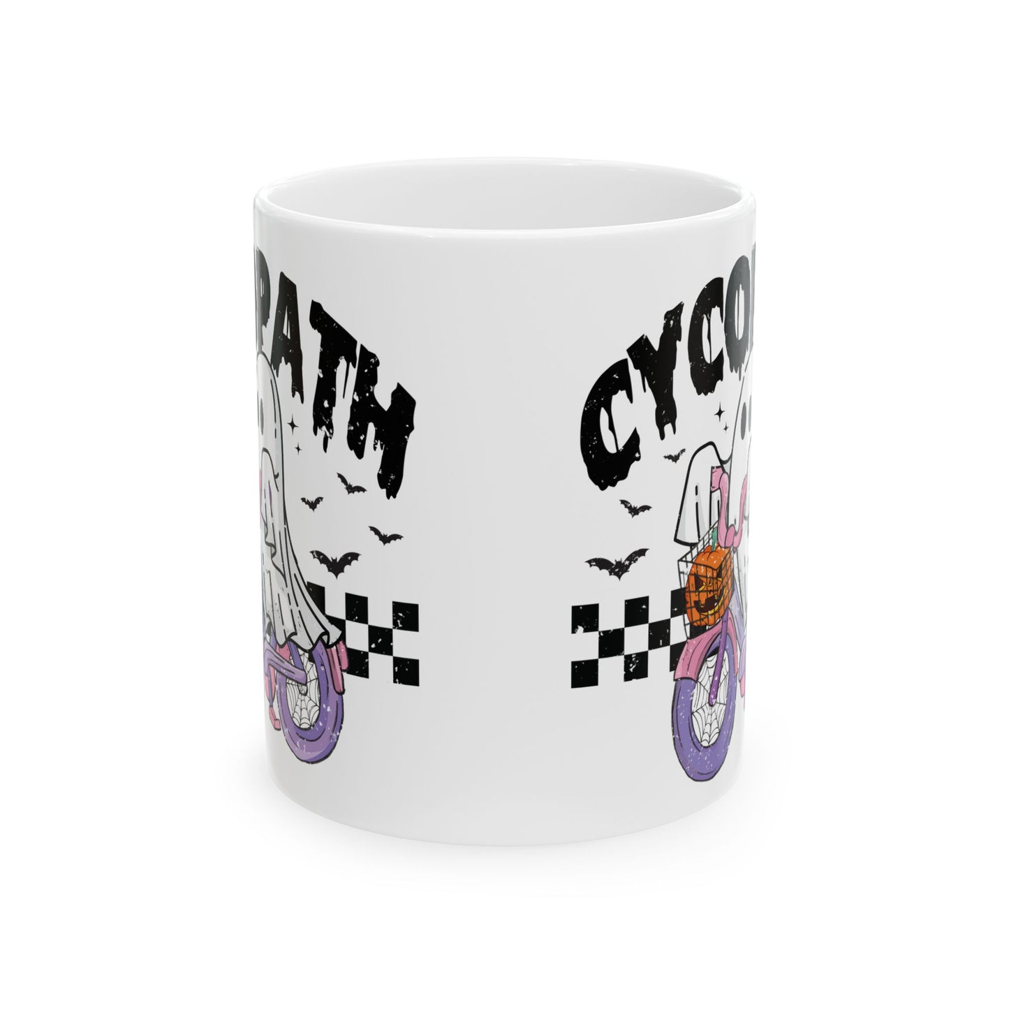 Cycopath Ghost Halloween Mug - White Ceramic Coffee Cup with Funny Ghost Biker Design - Perfect Spooky Gift - 11oz & 15oz