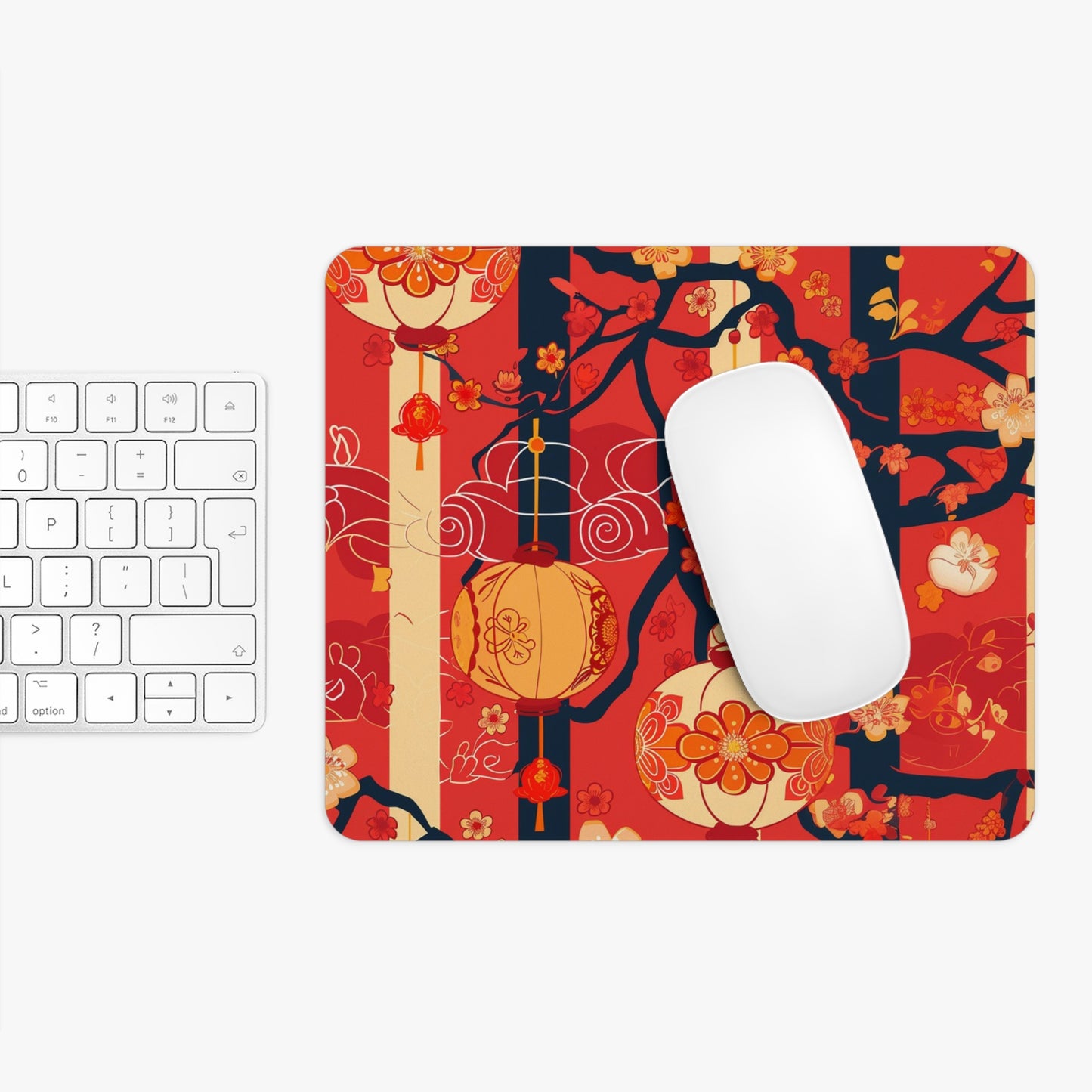 Oriental Lantern Blossom Design Personalized Mouse Pad - Custom Round or Rectangle Neoprene Mousepad with Non-Slip Rubber Bottom