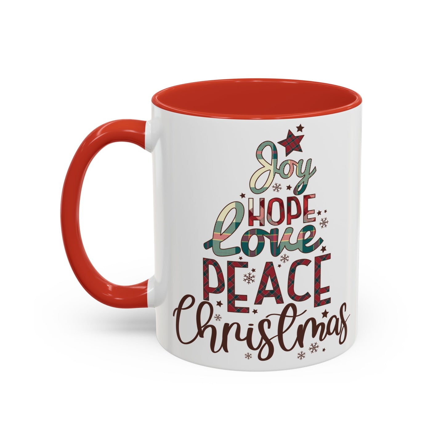 Joy Hope Love Peace Christmas Mug | Festive Holiday Plaid Design | Christmas Tree Word Art Coffee Mug