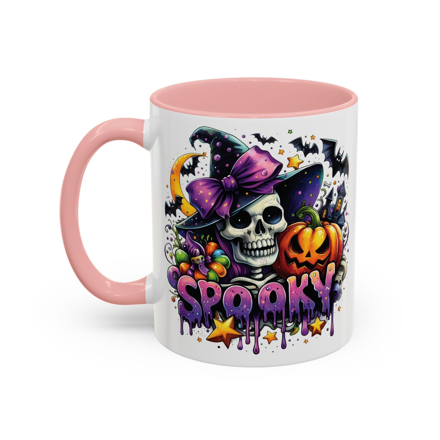 Spooky Halloween Skull Mug | Colorful Witch Hat and Pumpkin Design | 11oz and 15oz Ceramic Coffee Cup