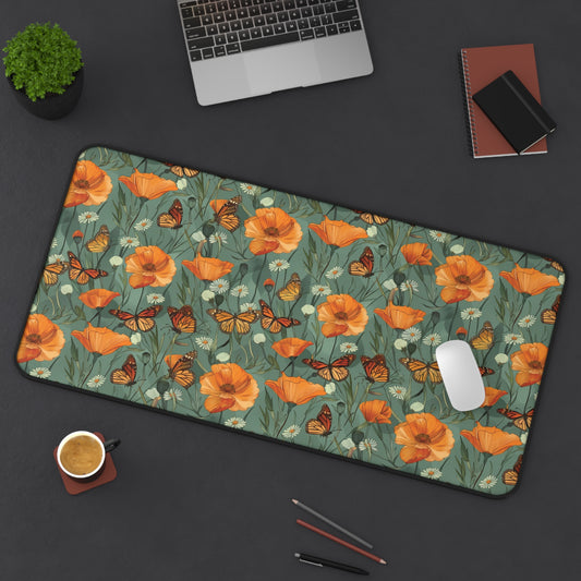 Butterfly Meadow Computer Desk Mat | Floral Monarch Butterfly Mouse Pad | Anti-Slip Neoprene Desk Mat for Home Office | 3 Sizes Available