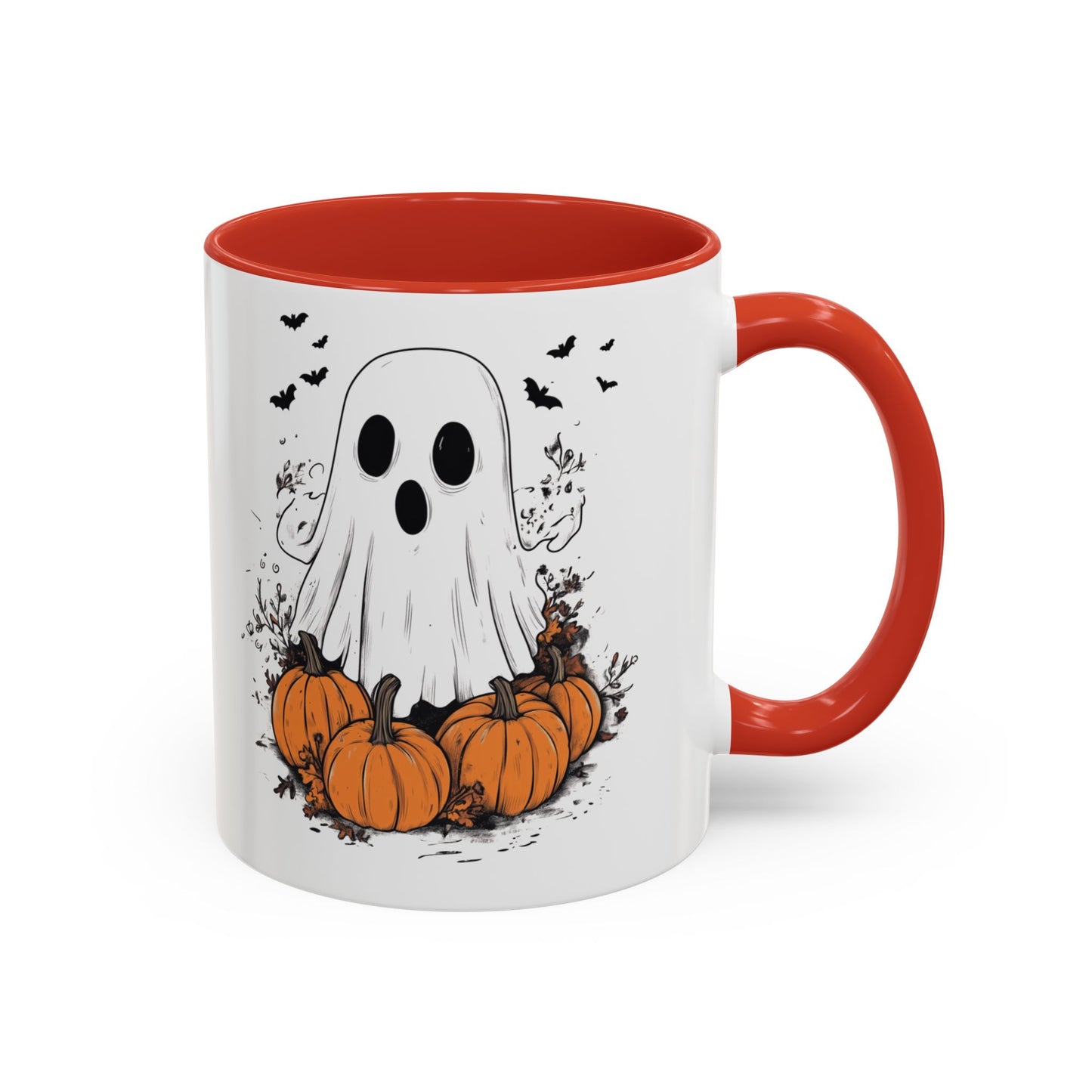 Halloween Ghost Mug - Cute Pumpkin Coffee Cup - White Ceramic Mug with Red Accent - Spooky Fall Gift - 11oz & 15oz - BPA Free