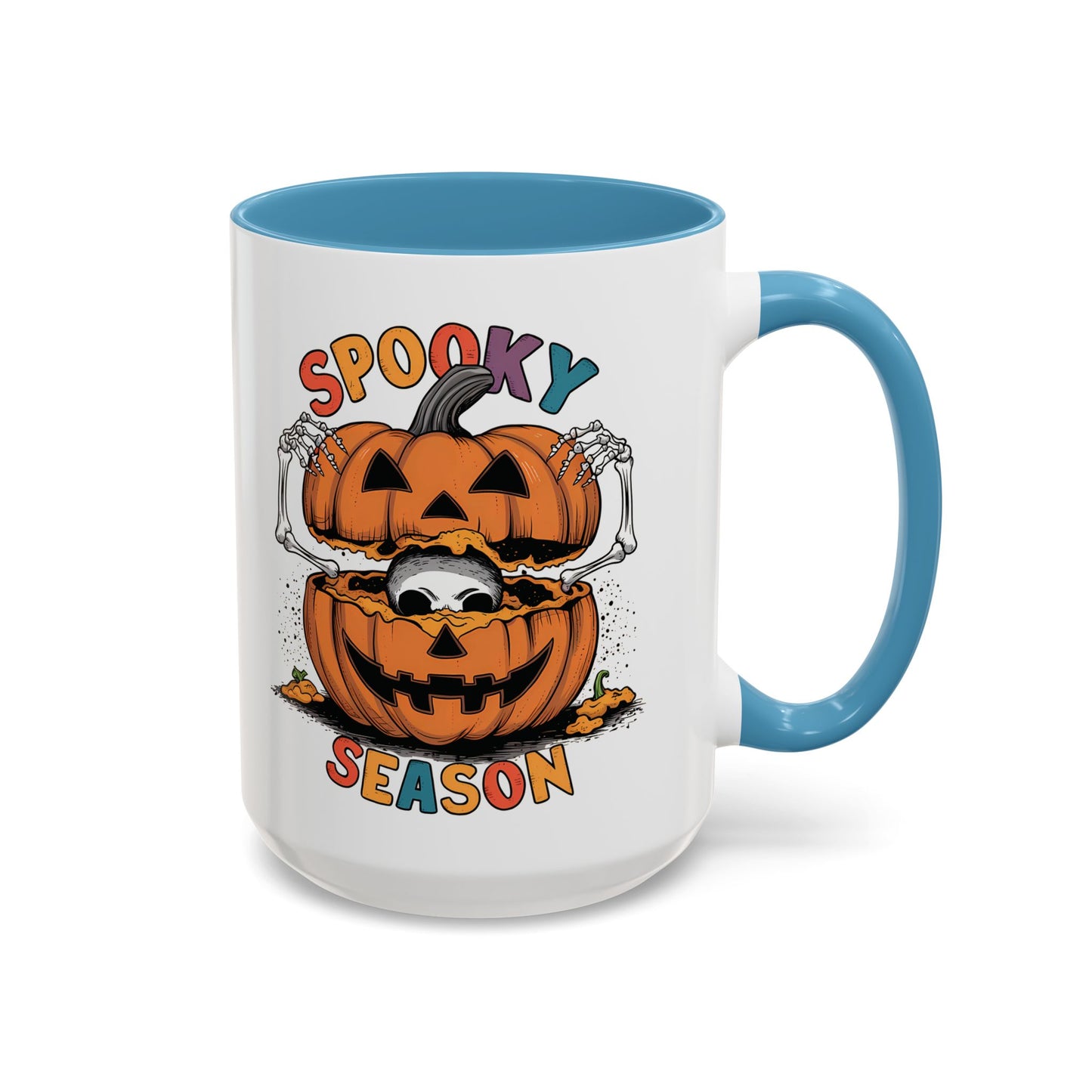 Spooky Season Halloween Mug | 11oz and 15oz Ceramic Coffee Cup | Skeleton in Pumpkin Design