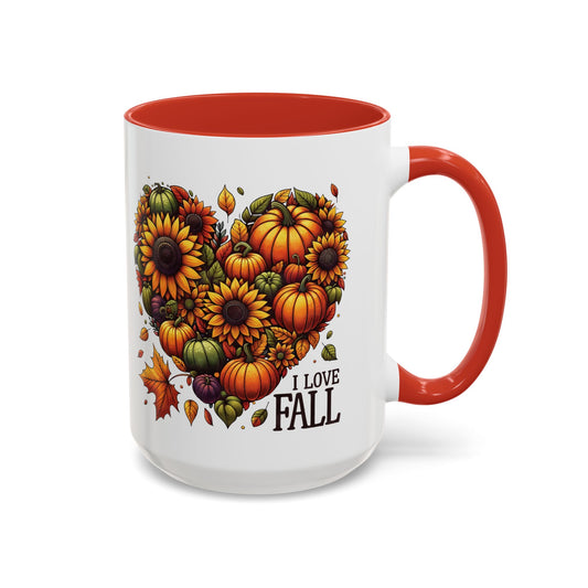 I Love Fall Autumn Mug | 11oz and 15oz Ceramic Coffee Cup | Sunflower and Pumpkin Heart Design