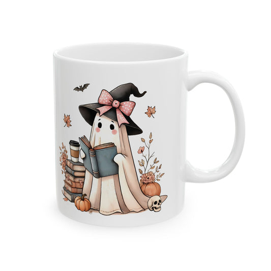 Cute Ghost Witch Ceramic Mug - Adorable Halloween Reading Ghost Design - Perfect for Book Lovers