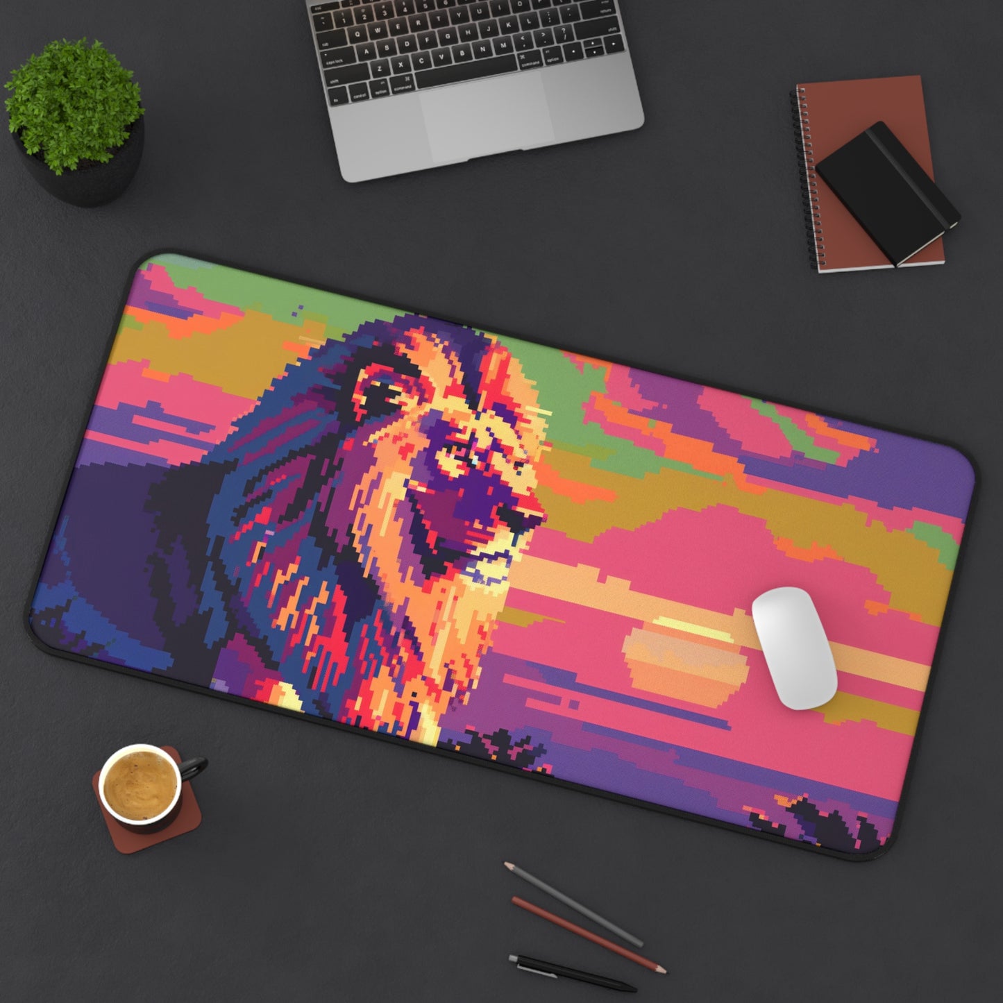 Pixel Art Lion Computer Desk Mat | Vibrant Sunset Mouse Pad | Anti-Slip Neoprene Desk Mat for Home Office | 3 Sizes Available