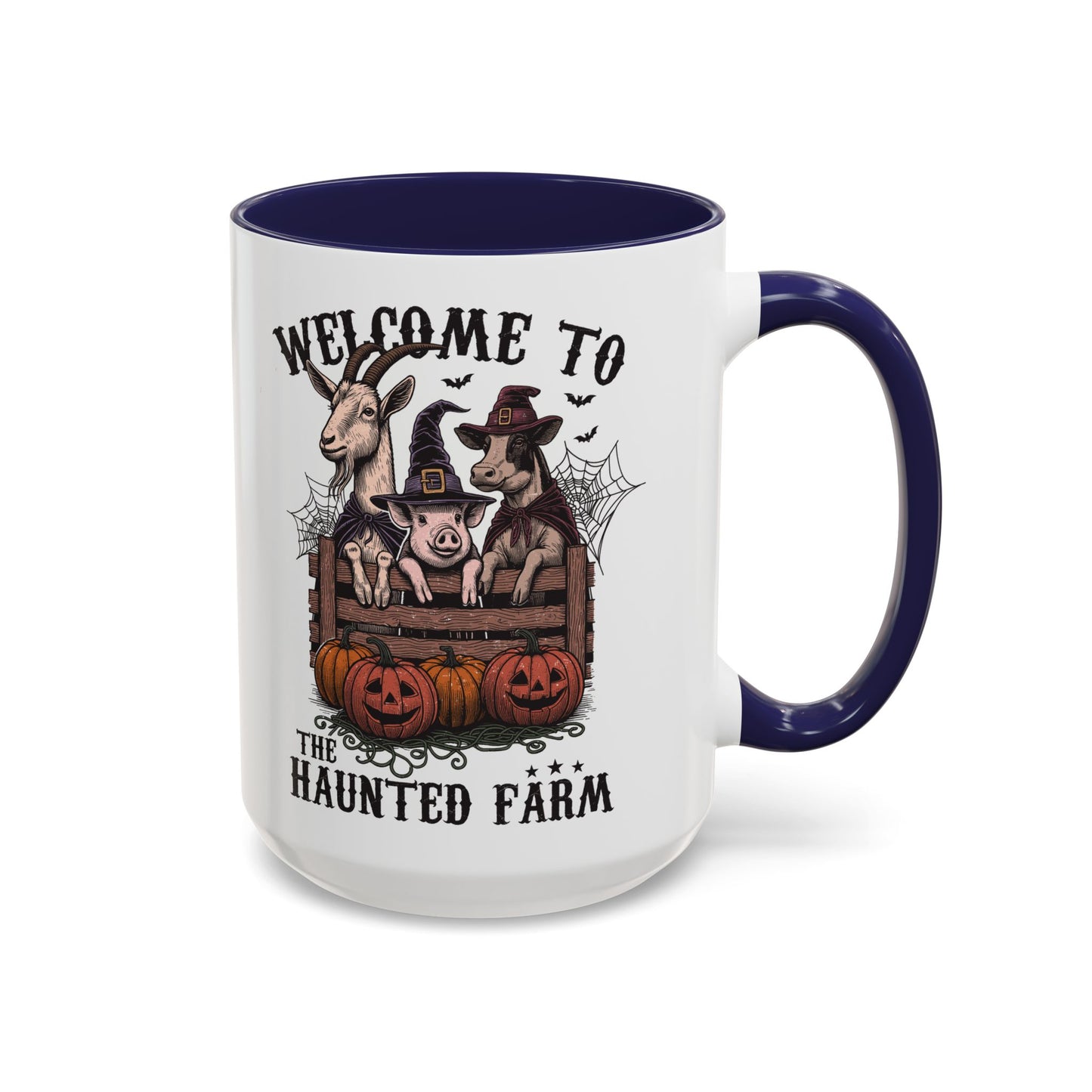 Welcome to the Haunted Farm Mug | Spooky Farm Animal Halloween Cup | Goat, Pig, and Cow in Witch Hats