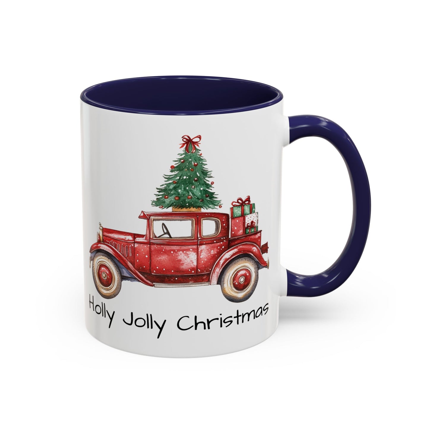 Holly Jolly Christmas Vintage Truck Mug - Vintage Red Truck with Christmas Tree Design - Perfect for Holiday Cheer