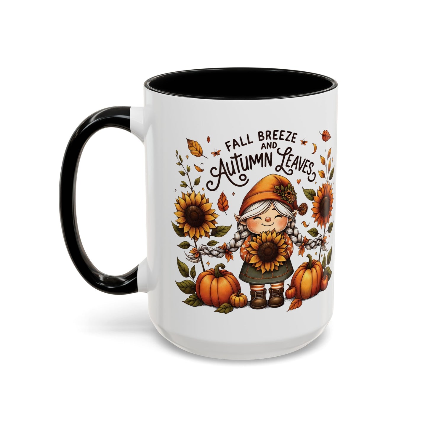 Fall Breeze and Autumn Leaves Mug | 11oz and 15oz Ceramic Coffee Cup | Cute Gnome, Sunflower, & Pumpkin Design