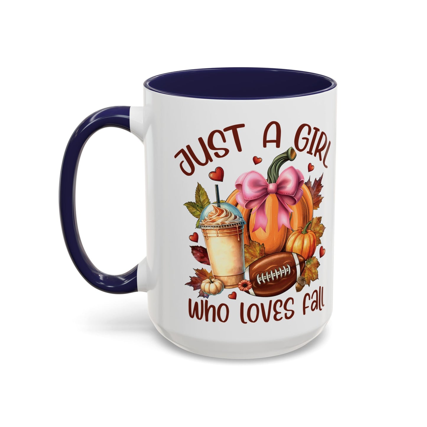 Just a Girl Who Loves Fall Mug | 11oz and 15oz Ceramic Coffee Cup | Autumn, Pumpkin, and Football Design