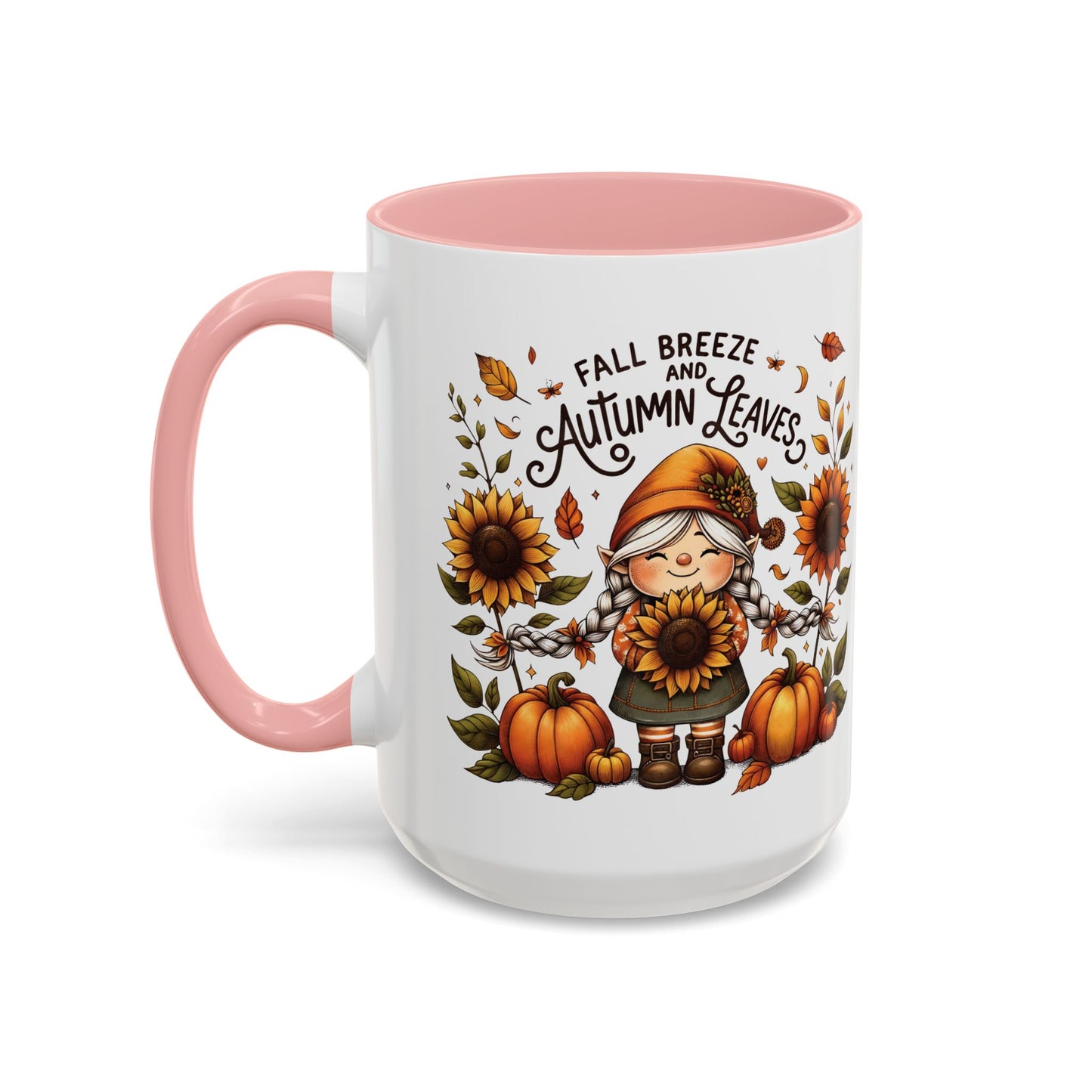 Fall Breeze and Autumn Leaves Mug | 11oz and 15oz Ceramic Coffee Cup | Cute Gnome, Sunflower, & Pumpkin Design