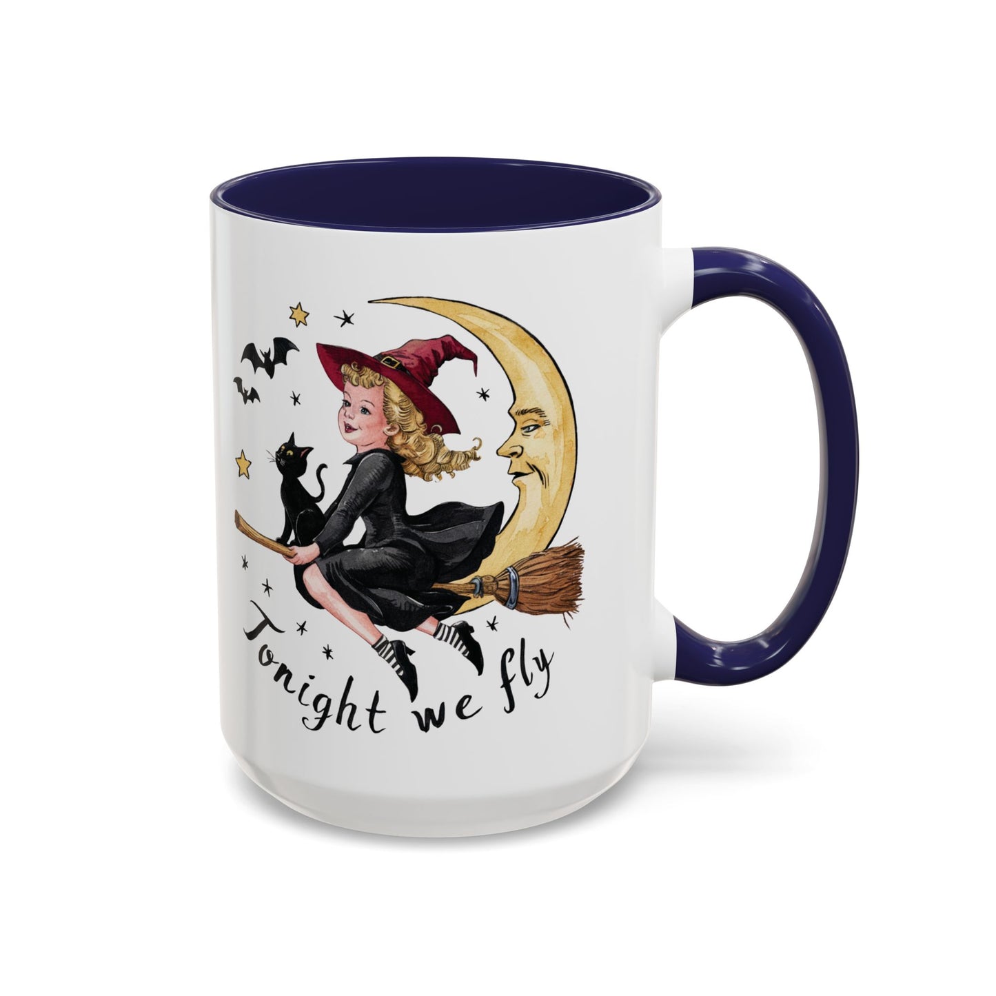 Tonight We Fly Halloween Witch Mug | Vintage Witch and Cat on Broomstick Design | Perfect Halloween Coffee Mug