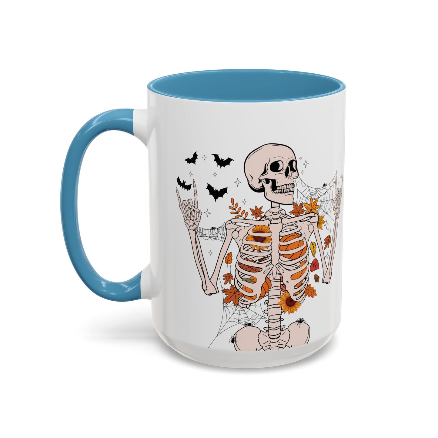 Spooky Skeleton Halloween Mug | 11oz and 15oz Ceramic Coffee Cup | Fall Leaves & Bats Design