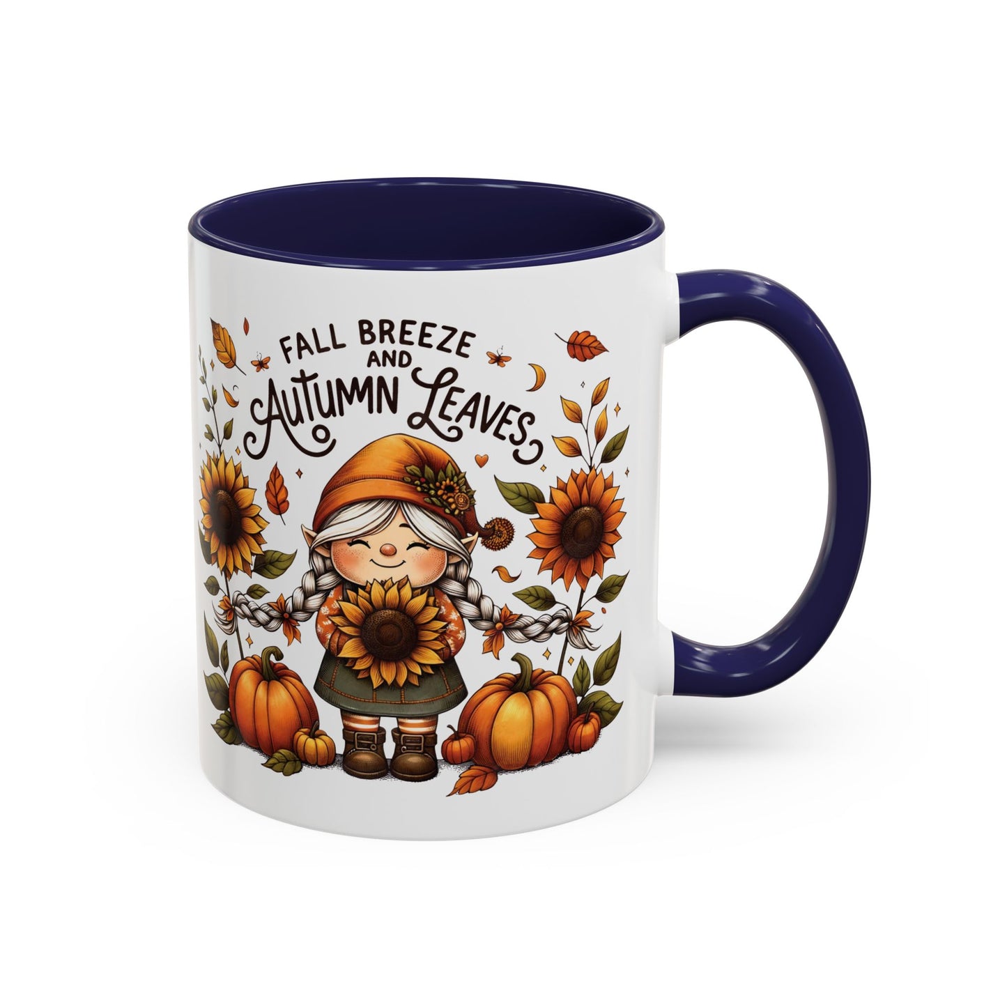 Fall Breeze and Autumn Leaves Mug | 11oz and 15oz Ceramic Coffee Cup | Cute Gnome, Sunflower, & Pumpkin Design