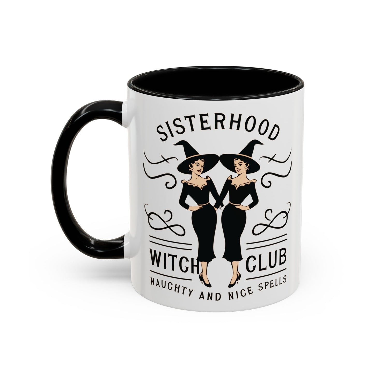 Sisterhood Witch Club Mug | Vintage Witch Design | Halloween Coffee Mug | Naughty and Nice Spells | Witchy Drinkware