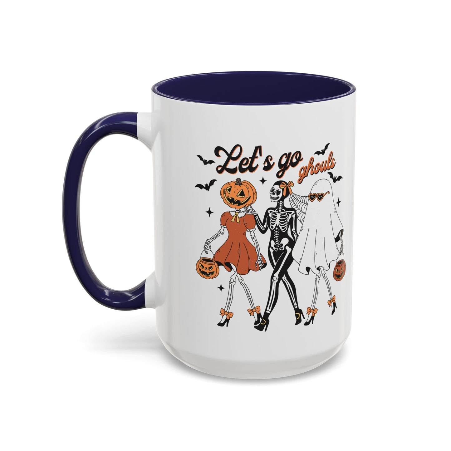 Lets Go Ghouls Halloween Mug | Skeleton, Ghost, and Pumpkin Friends Design | Spooky Coffee Mug | Fall Drinkware