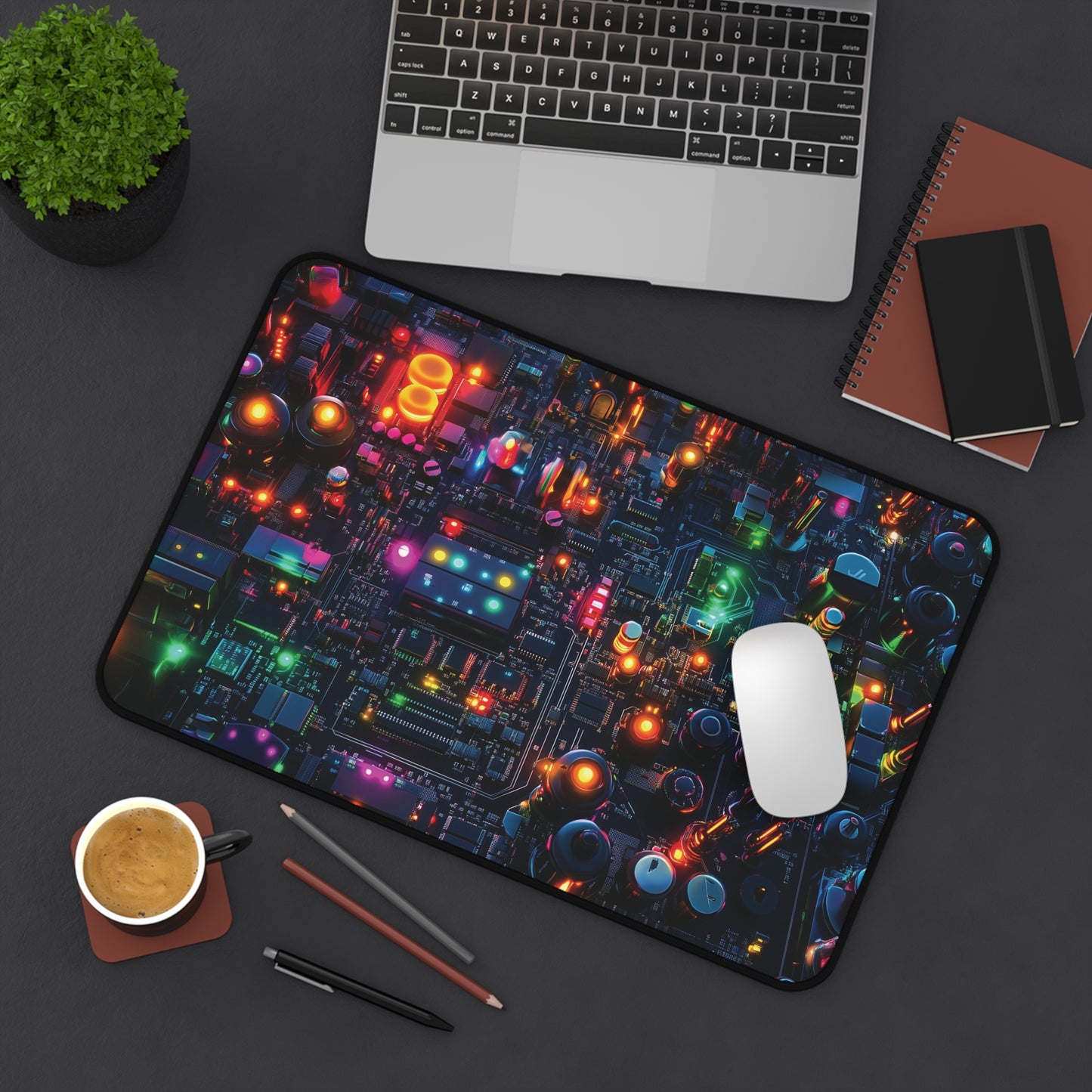 Neon Circuit Glow Desk Mat | Neoprene | Anti-Slip | Vibrant Tech Circuit Board Design | Office & Gaming Decor | 3 Sizes