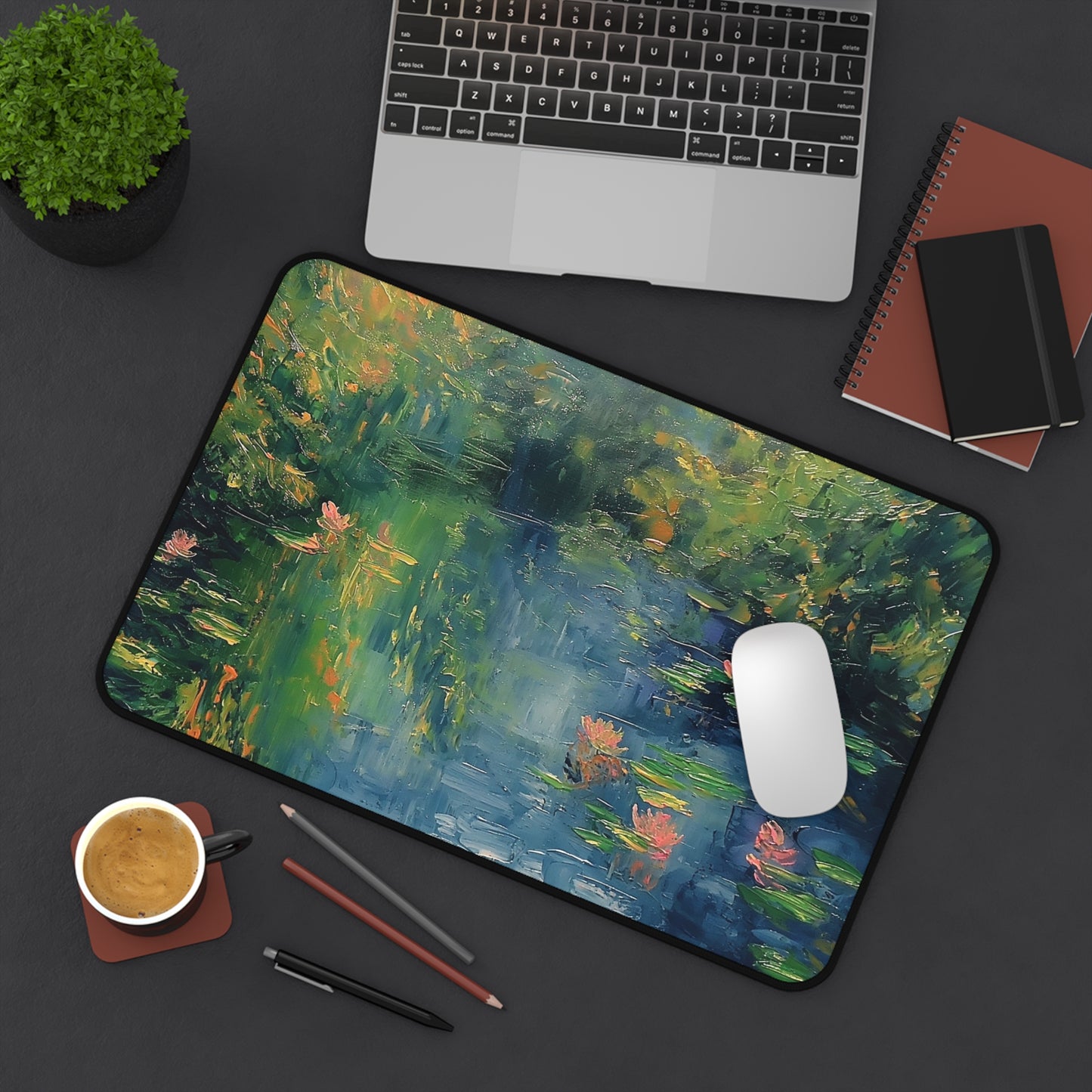 Water Lily Pond Computer Desk Mat | Tranquil Nature Mouse Pad | Anti-Slip Neoprene Desk Mat for Home Office | 3 Sizes Available