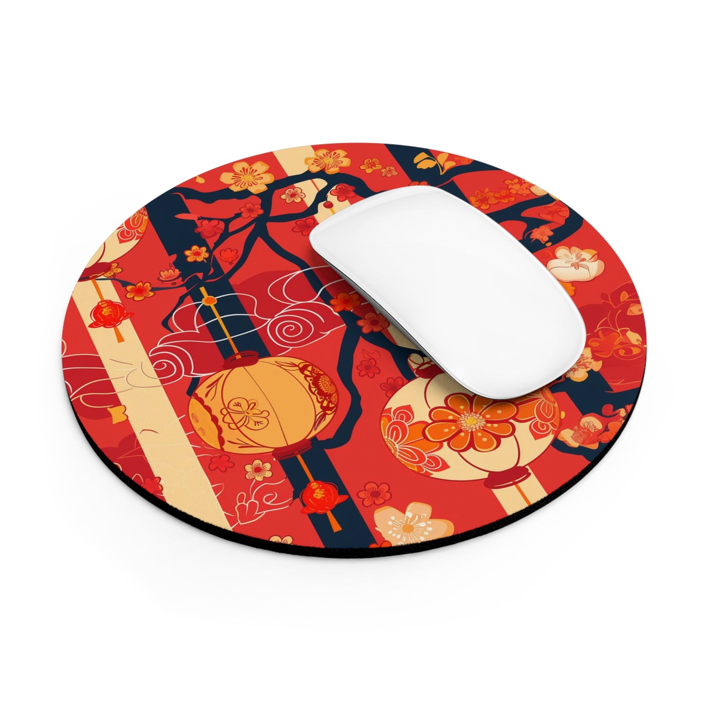 Oriental Lantern Blossom Design Personalized Mouse Pad - Custom Round or Rectangle Neoprene Mousepad with Non-Slip Rubber Bottom