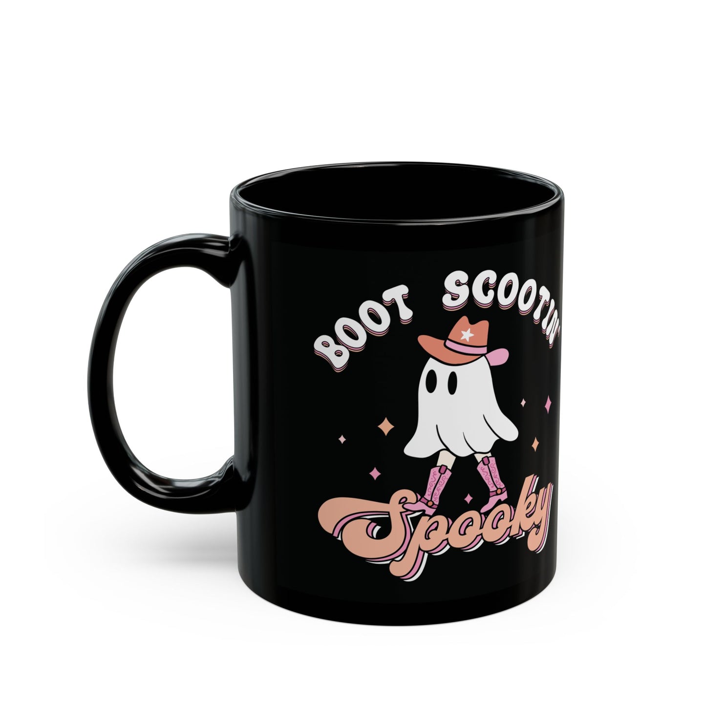 Boot Scootin Spooky Mug - Black Ceramic Coffee Cup with Cute Ghost Design - Fun Halloween Gift - 11oz & 15oz