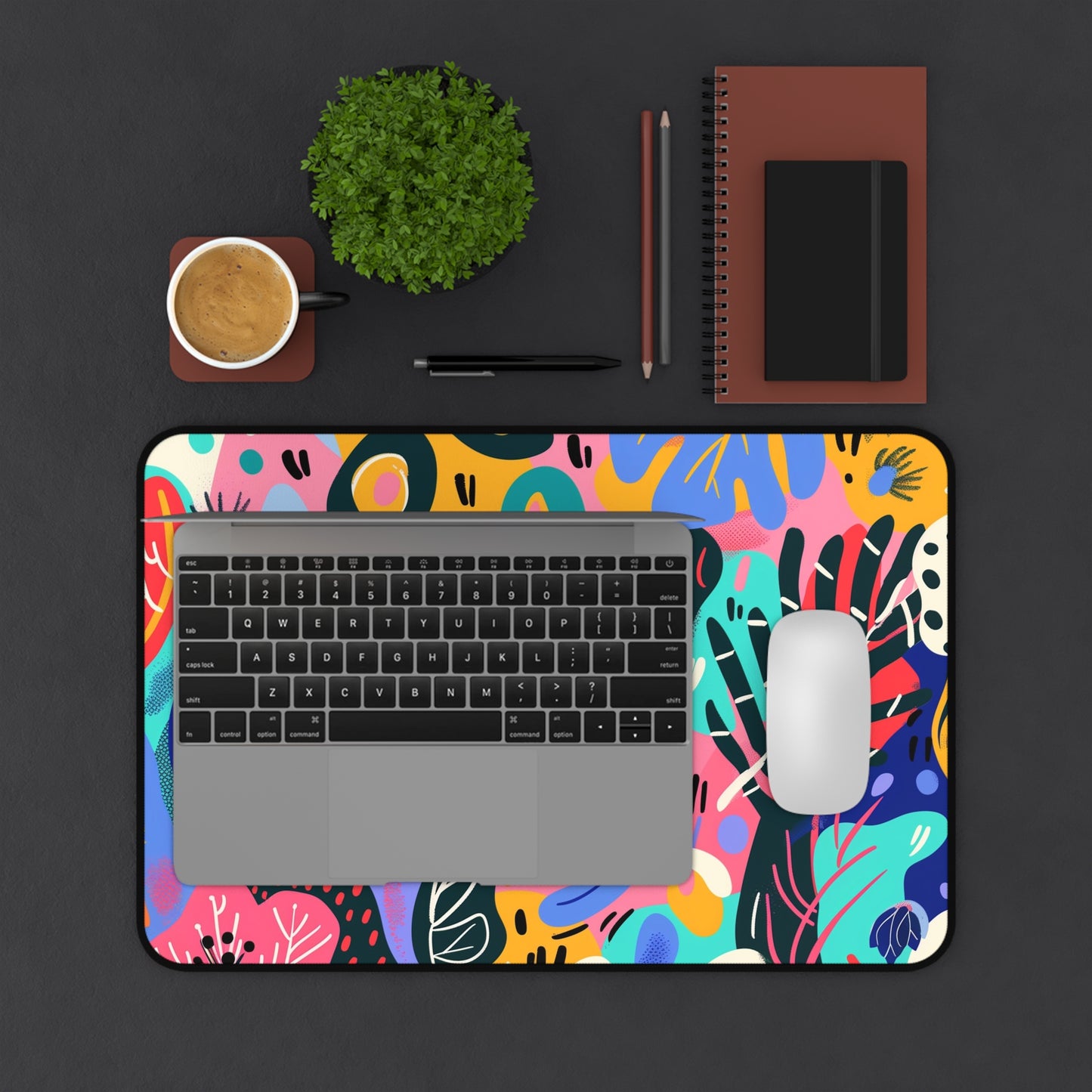 Colorful Abstract Computer Desk Mat | Vibrant Leaves and Shapes Mouse Pad | Anti-Slip Neoprene Desk Mat for Home Office | 3 Sizes Available