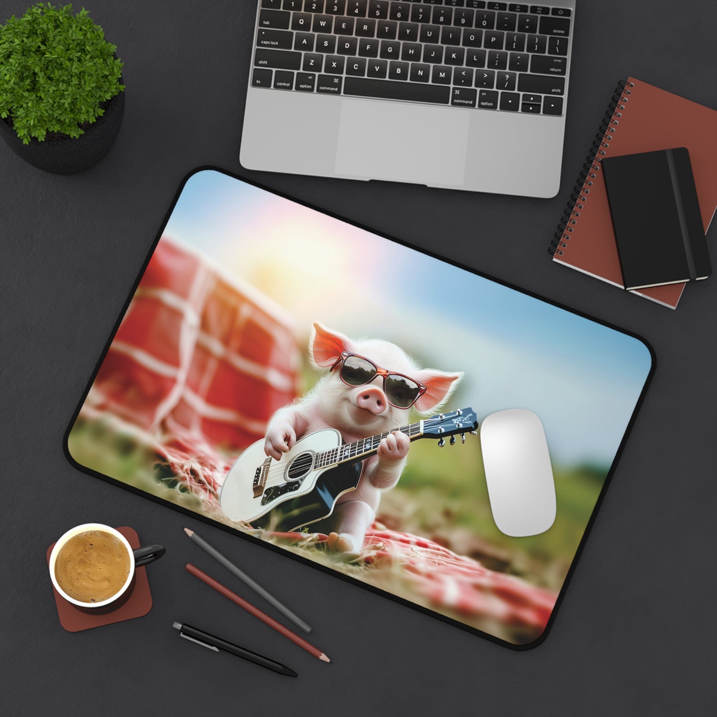 Playful Pig Guitarist Desk Mat | Neoprene Anti-Slip Office and Gaming Decor