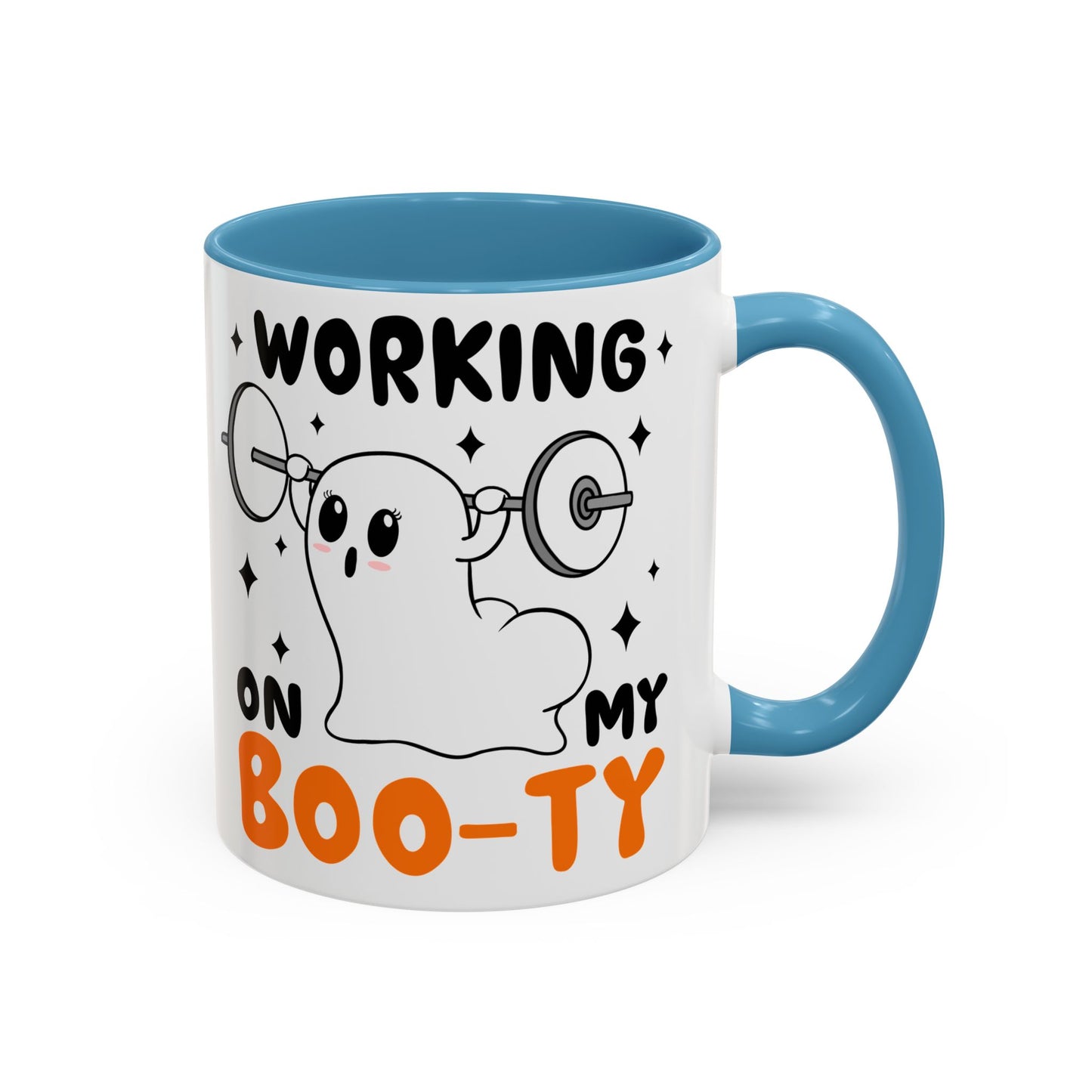 Working on My Boo-ty Halloween Ghost Mug | 11oz and 15oz Ceramic Coffee Cup | Fitness and Humor Design