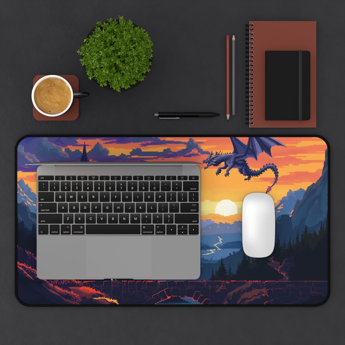 Epic Fantasy Realm Computer Desk Mat | Dragon and Castle Mouse Pad | Anti-Slip Neoprene Desk Mat for Home Office | 3 Sizes Available